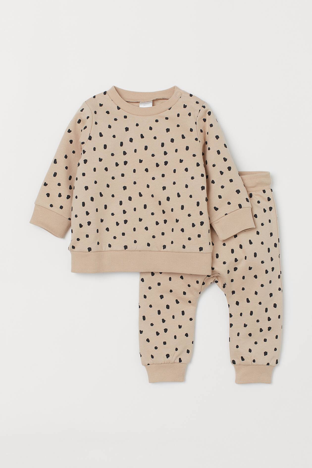 2-piece cotton set - Round neck - Long sleeve - Light beige/Spotted ...