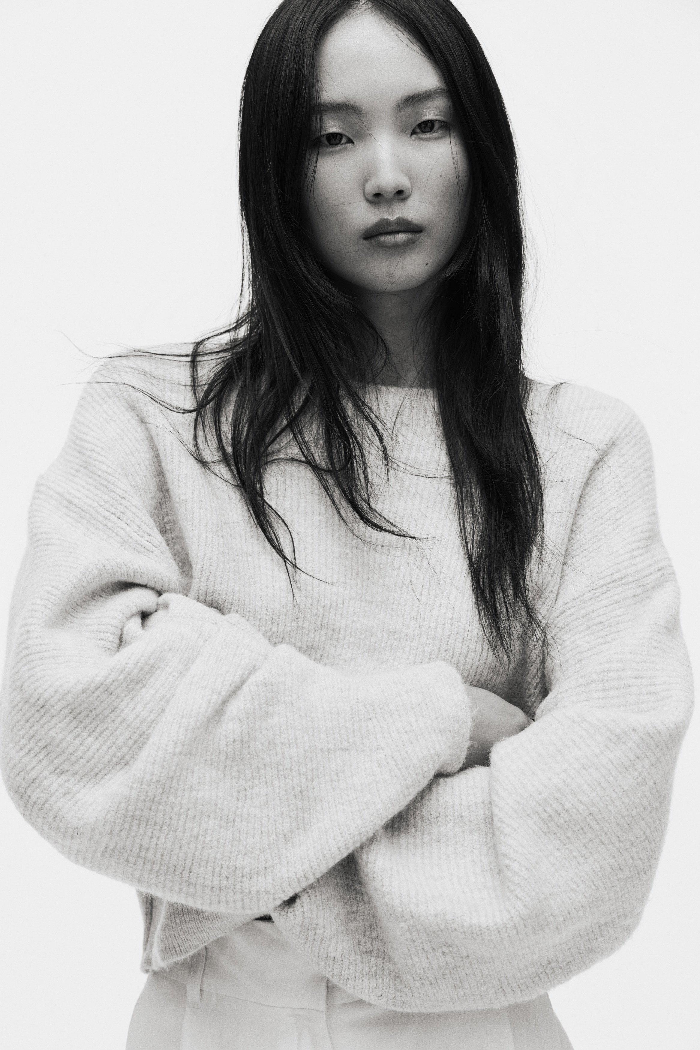 Oversized boat-neck jumper - Light beige marl/Dark brown