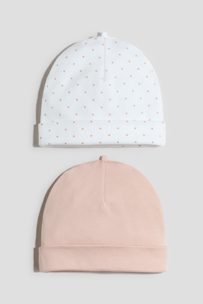 2-pack Cotton Beanies - Powder pink/dotted/White/beige striped/Light dusty blue/striped - 1