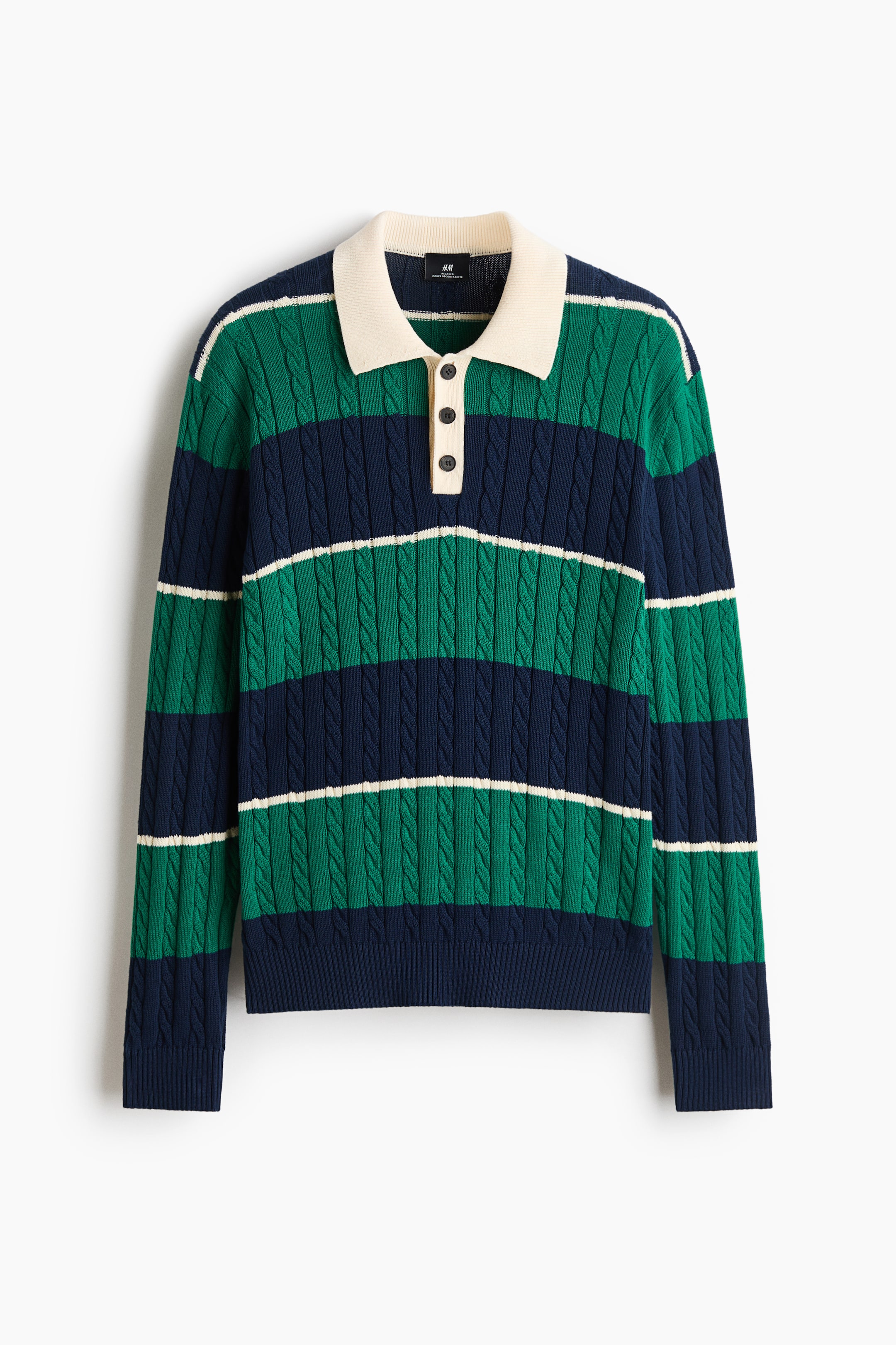 View larger image: A front-facing, long-sleeved polo sweater displays a cable-knit texture with horizontal stripes in green, navy blue, and thin white. It features a contrasting cream collar, a three-button placket, and ribbed navy blue cuffs and hem.