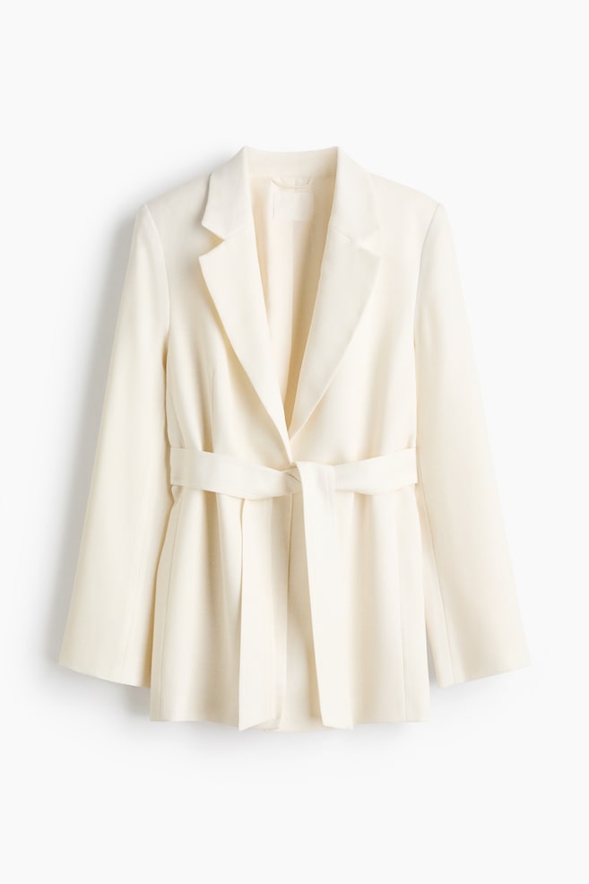 Textured-Weave Tie-Belt Blazer - Cream/Dark khaki green - 1