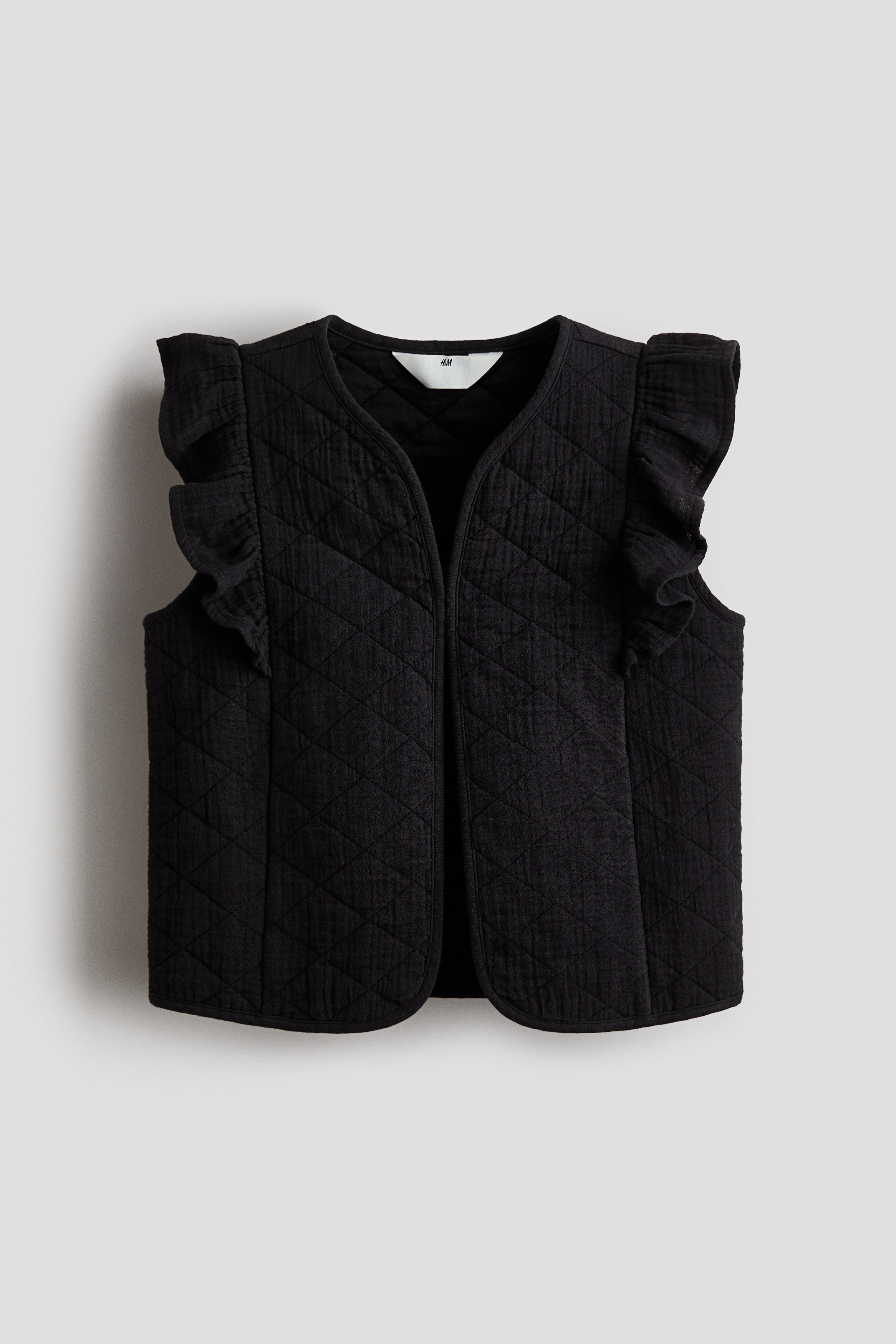 Gilet in mussola di cotone con volant - Nero
