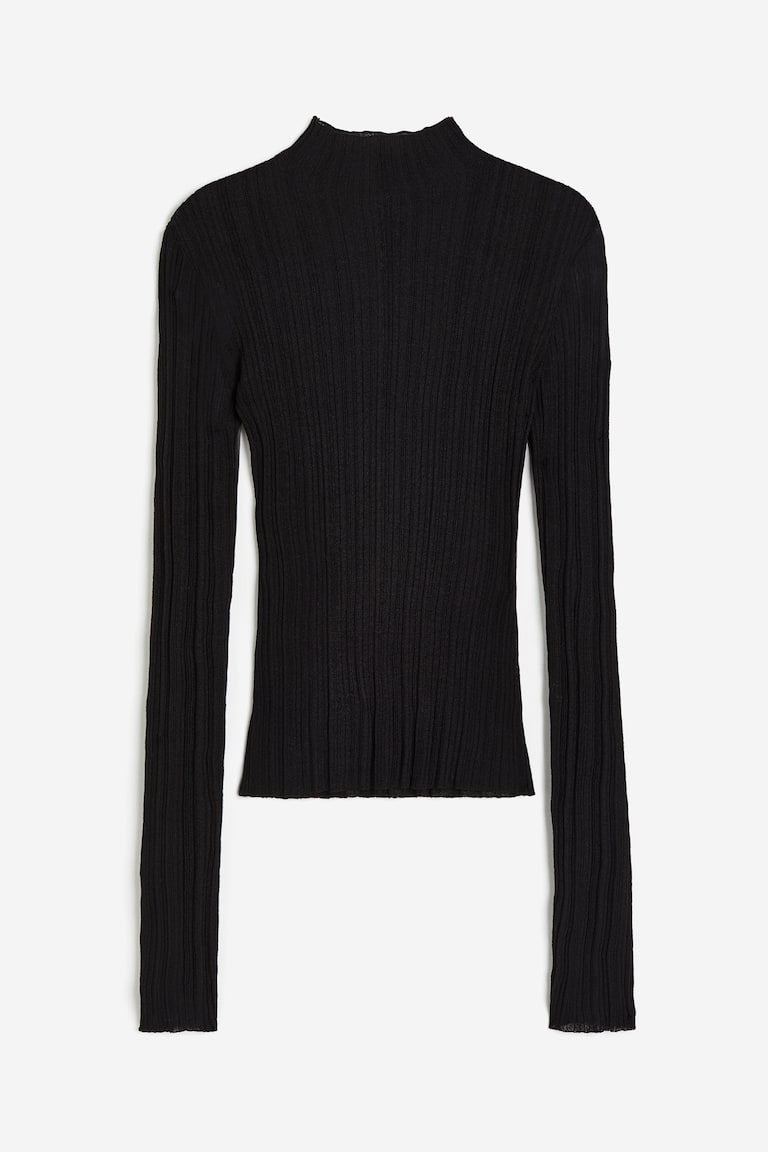 Sheer Rib-knit Mock Turtleneck Top