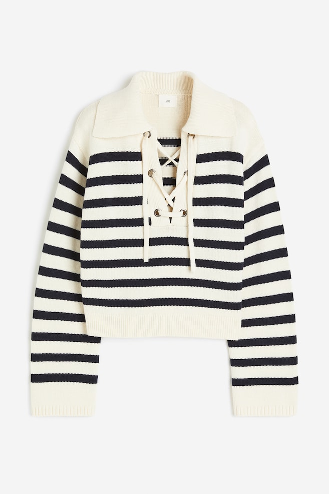 Lace-up collared jumper - Cream/Blue striped/Black/White striped - 2