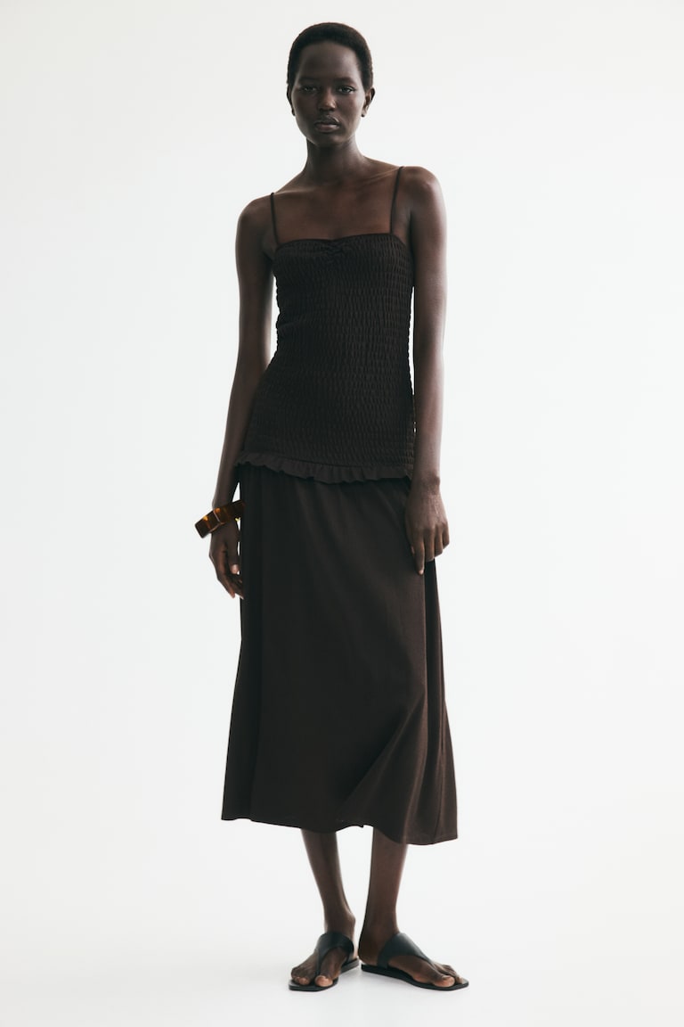 h&m brown dress Ruched Linen-Blend buttons down the front Women's Brown Textured-Knit Maxi Dress