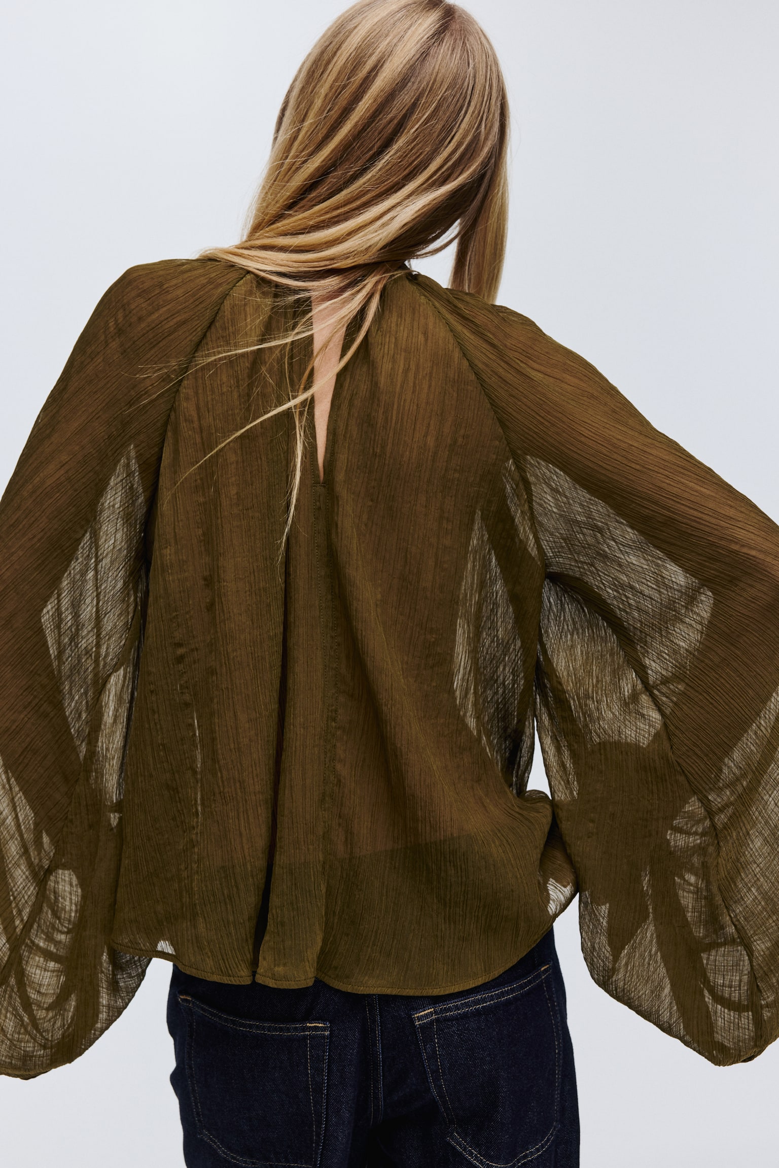 Áo kiểu buộc nơ cổ - Màu vàng ô liu - 3