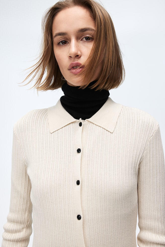 Rib-knit button-front dress - Cream - 3