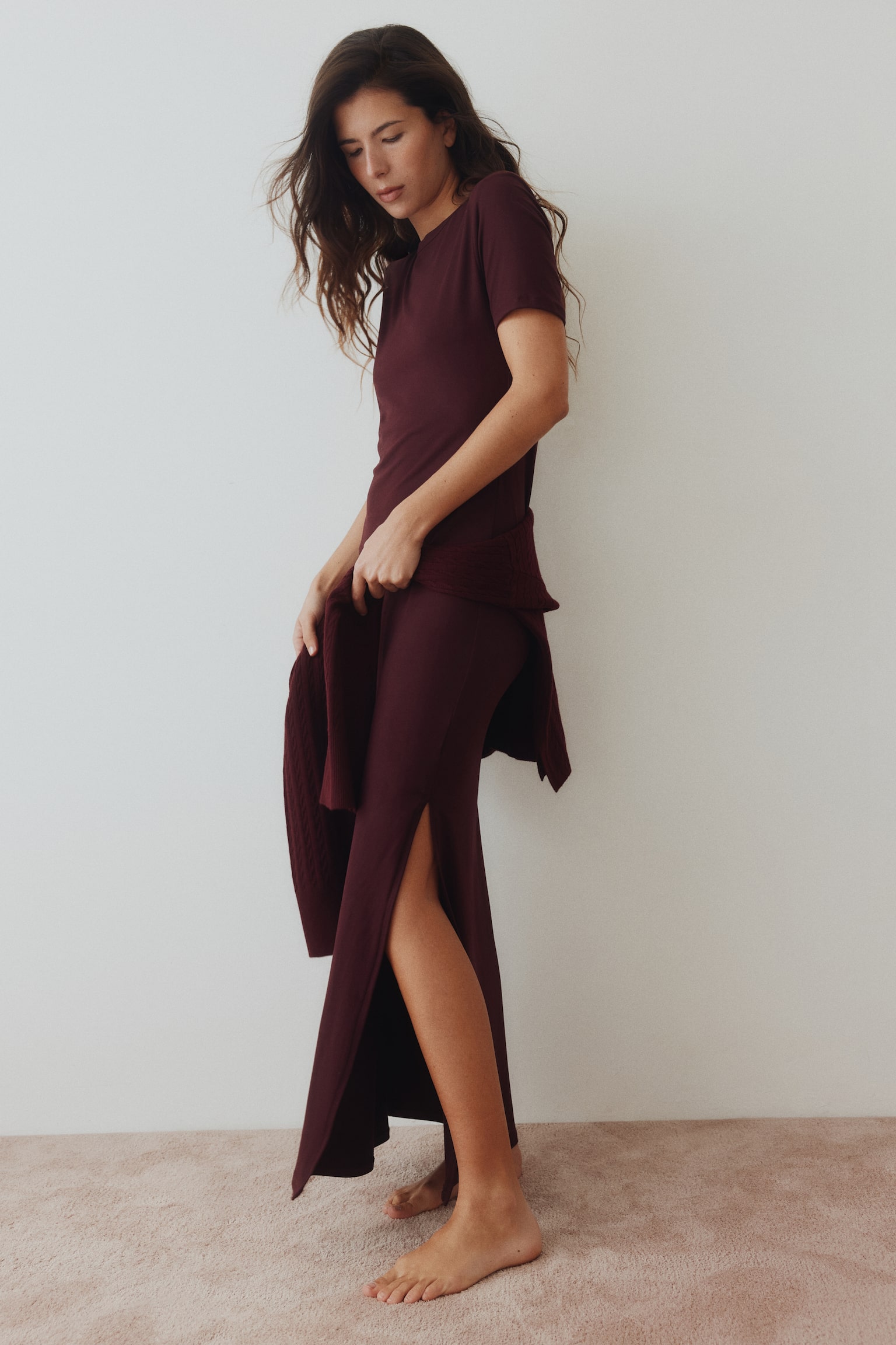 Long T-shirt dress - Burgundy - 6