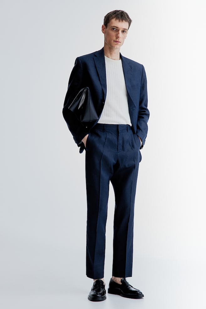 Slim Fit Linen suit trousers - Navy blue/Light beige - 1