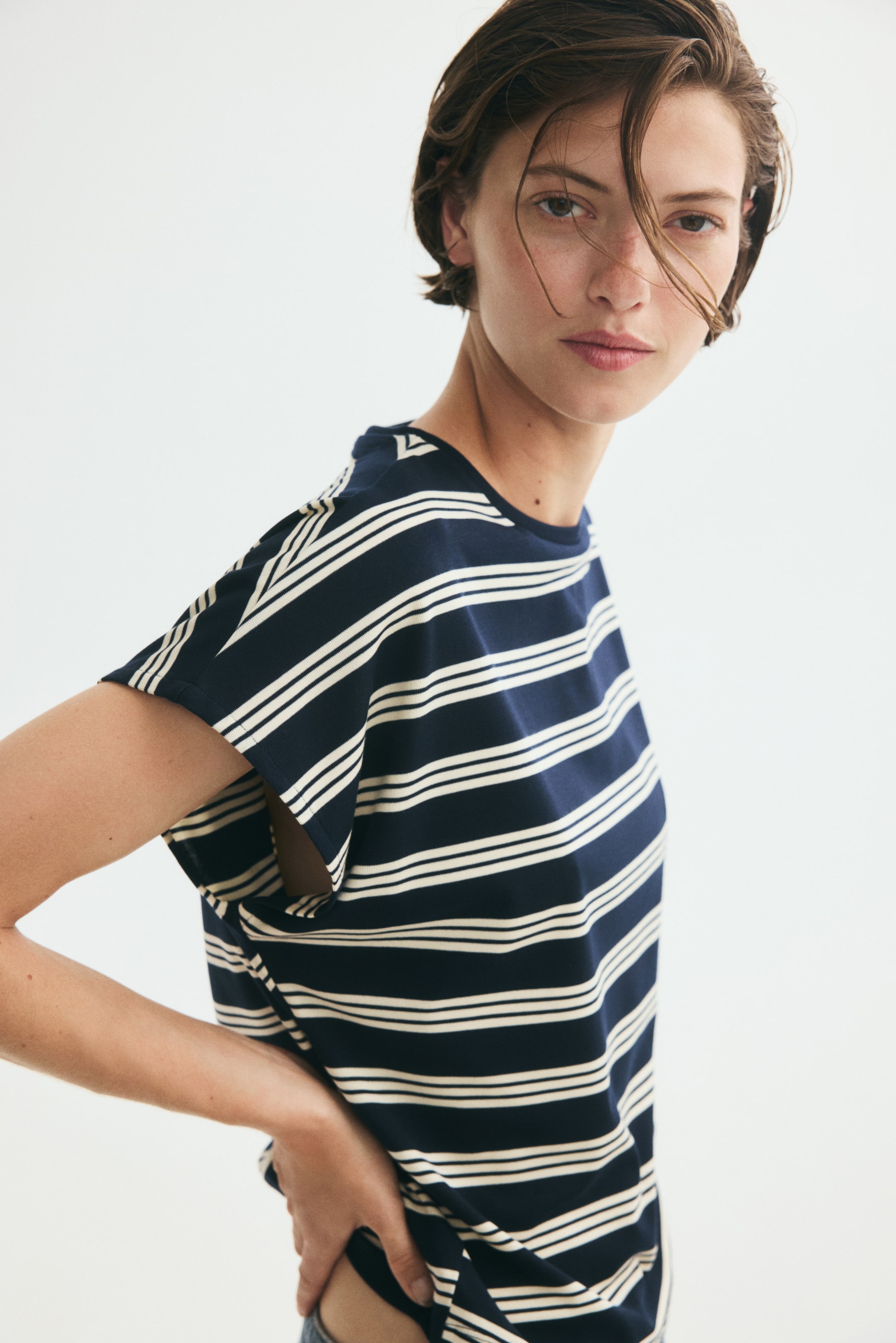 View larger image: Oversized lyocell top - Navy blue/Striped - Ladies | H&M 1
