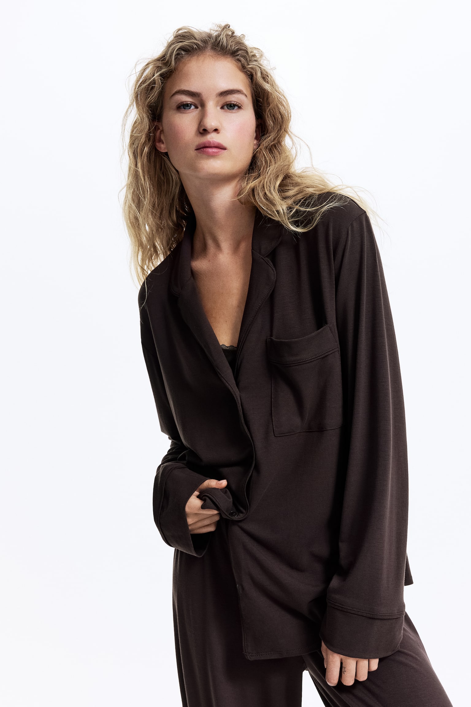 Viscose-blend pyjamas - Dark brown/Navy blue/Black/Grey-green/Cream/Light pink/Burgundy/Light grey marl - 6