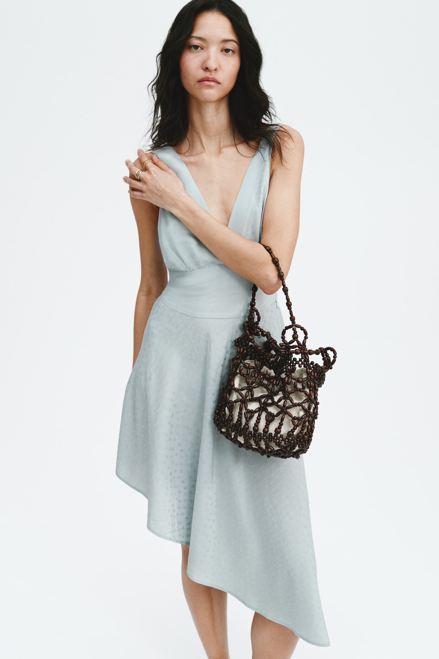 Asymmetric jacquard-weave dress - Light dusty turquoise - 4