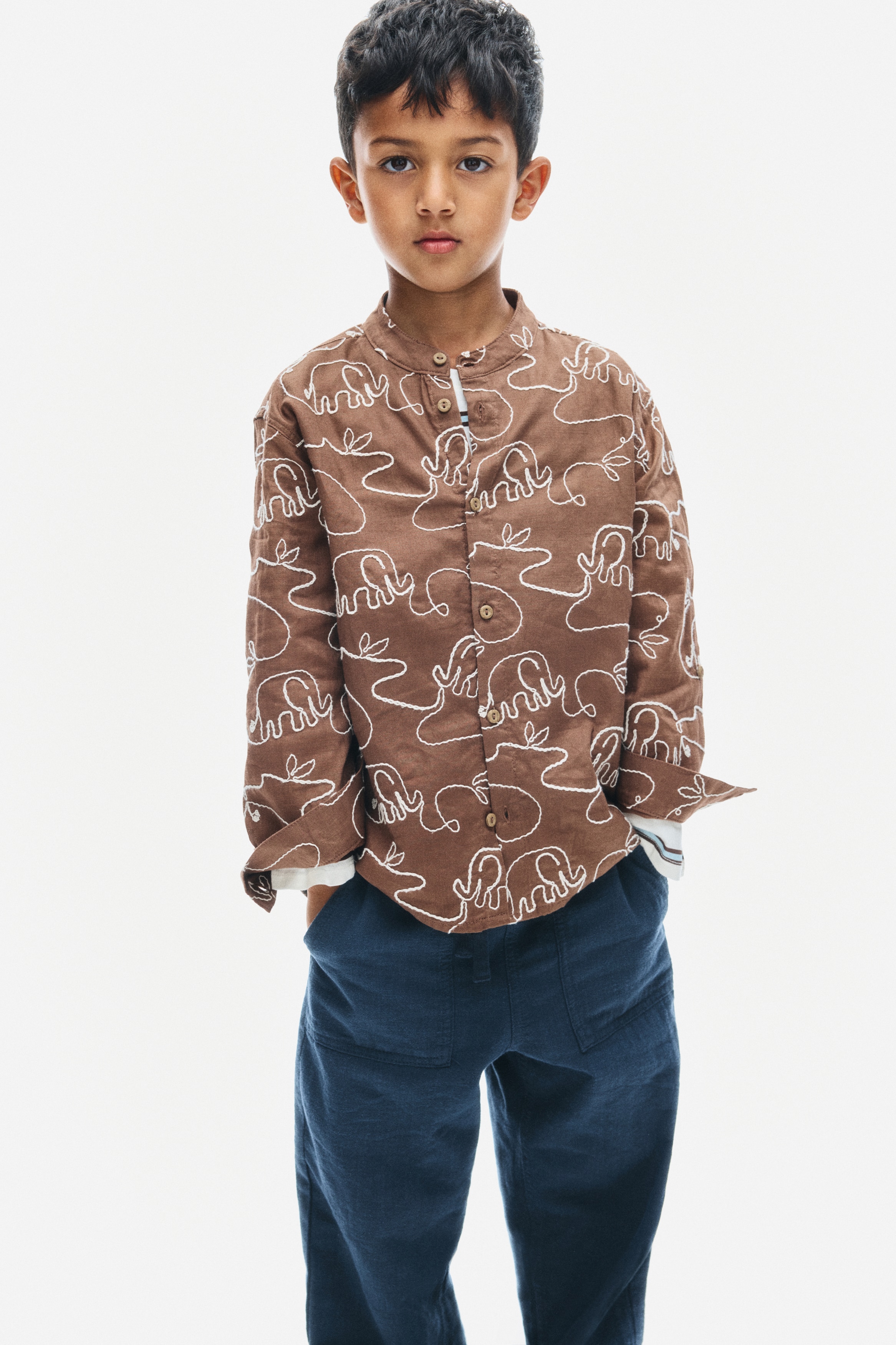 Patterned grandad shirt - Brown/Elephants/Dark red/Yellow/Dark turquoise
