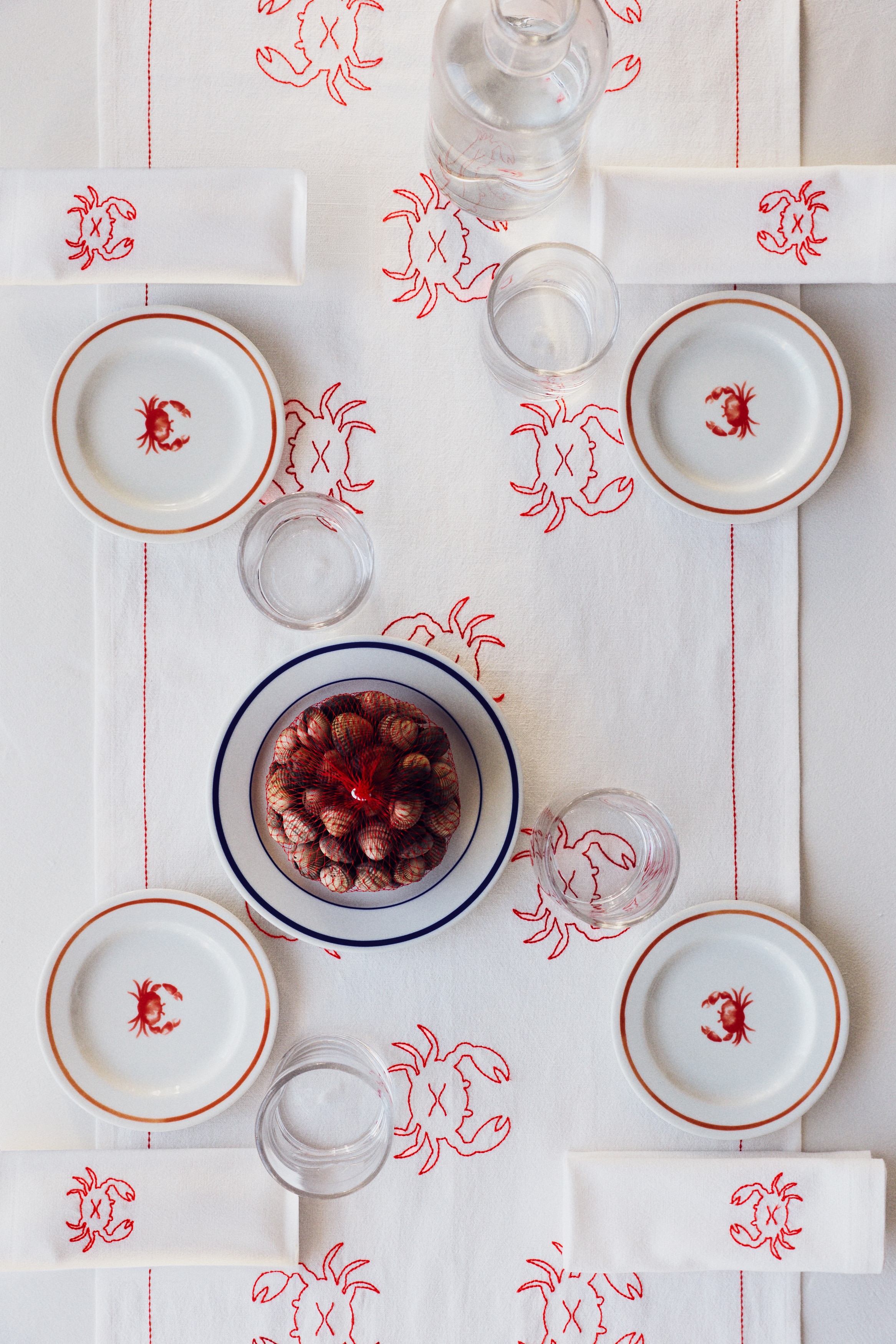 Tafelloper van linnenmix met borduursel - Wit/krabben/Blauw/vissen