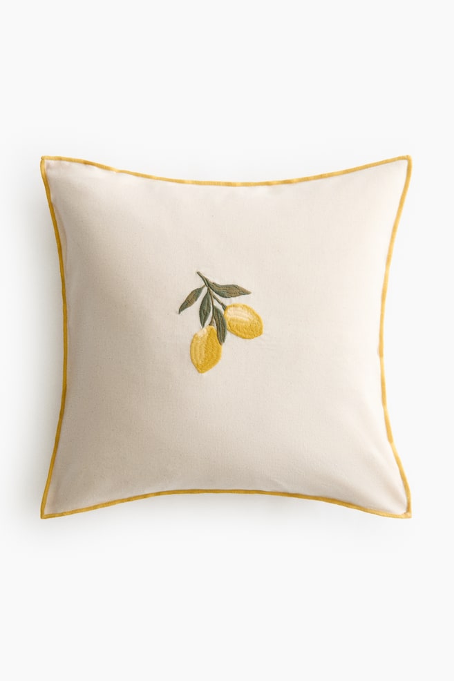 Embroidered-Motif Cotton Cushion Cover - Light beige/lemons - 1