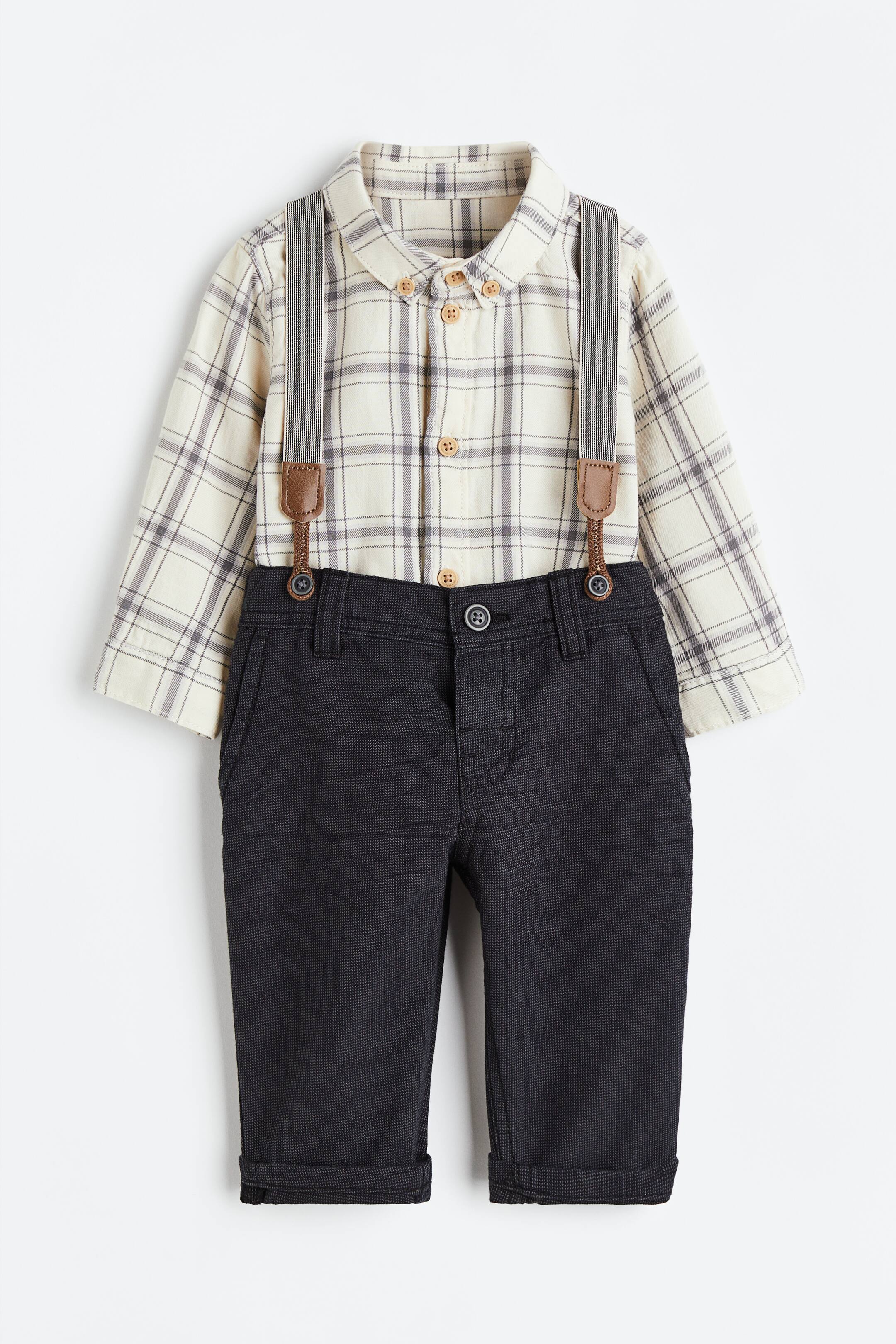 Xem ảnh lớn hơn: Bộ 3 món cotton - Màu be nhạt/Kẻ ca rô - Kids | H&M VN 1