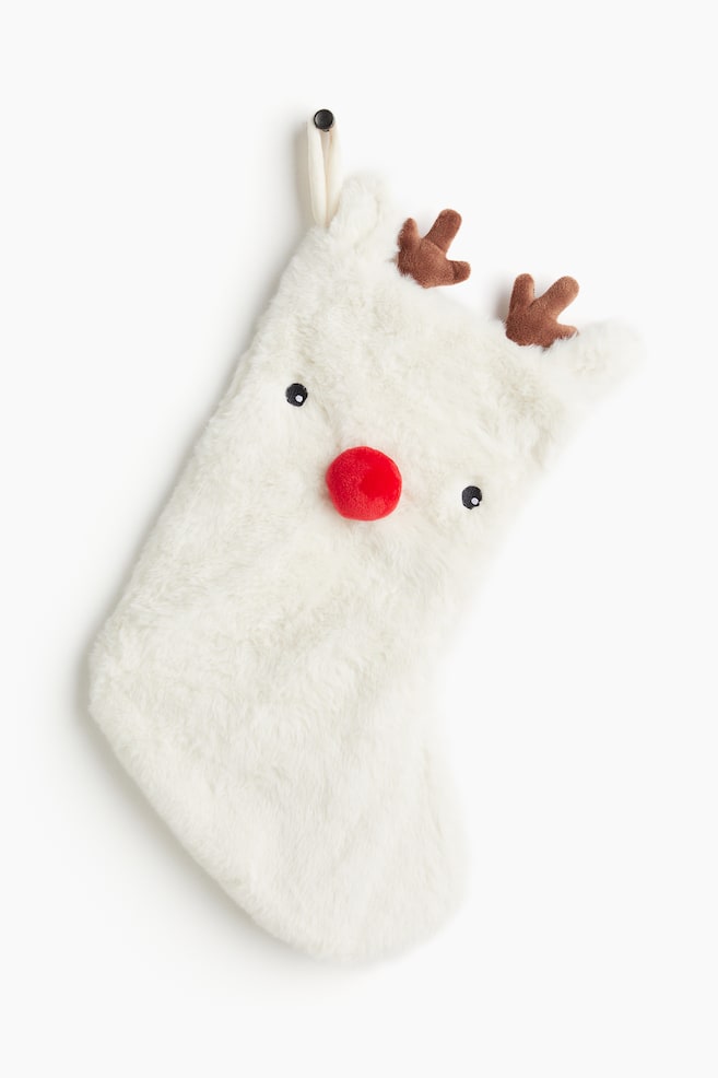 Chaussette de Noël en tissu peluche - Blanc/renne - 1