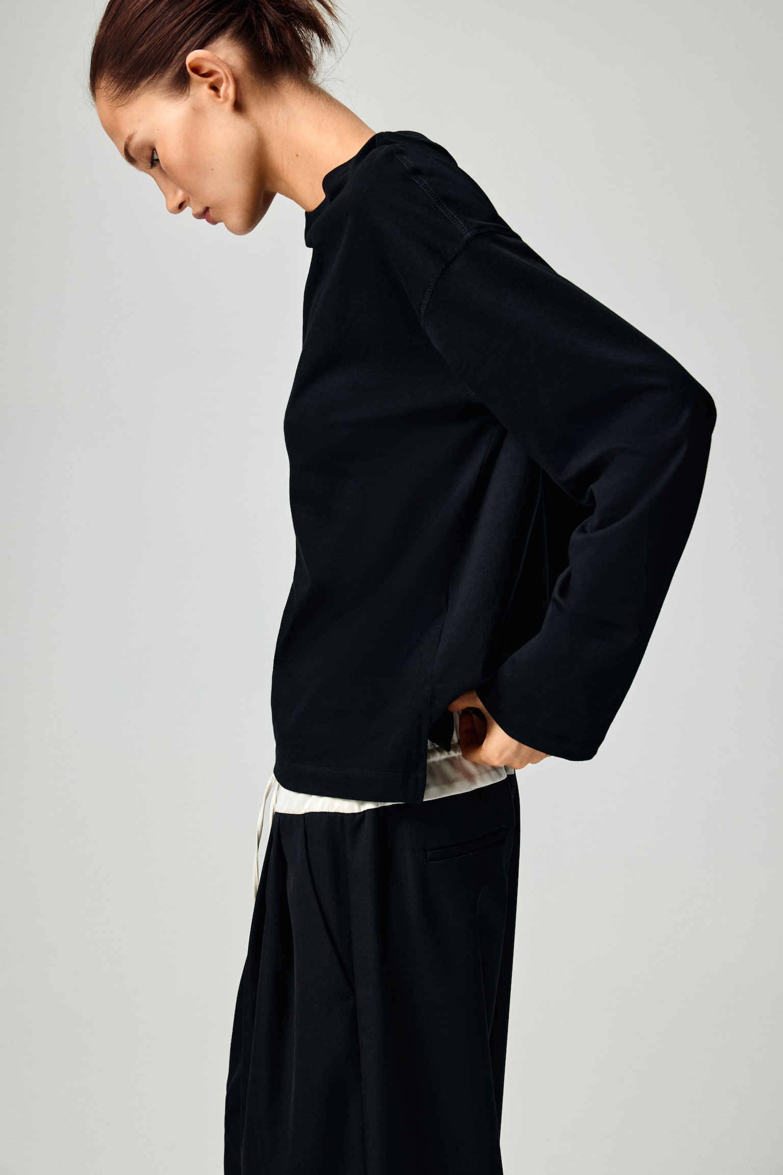 Long-sleeved cotton top - Black/Light beige/Beige - 6