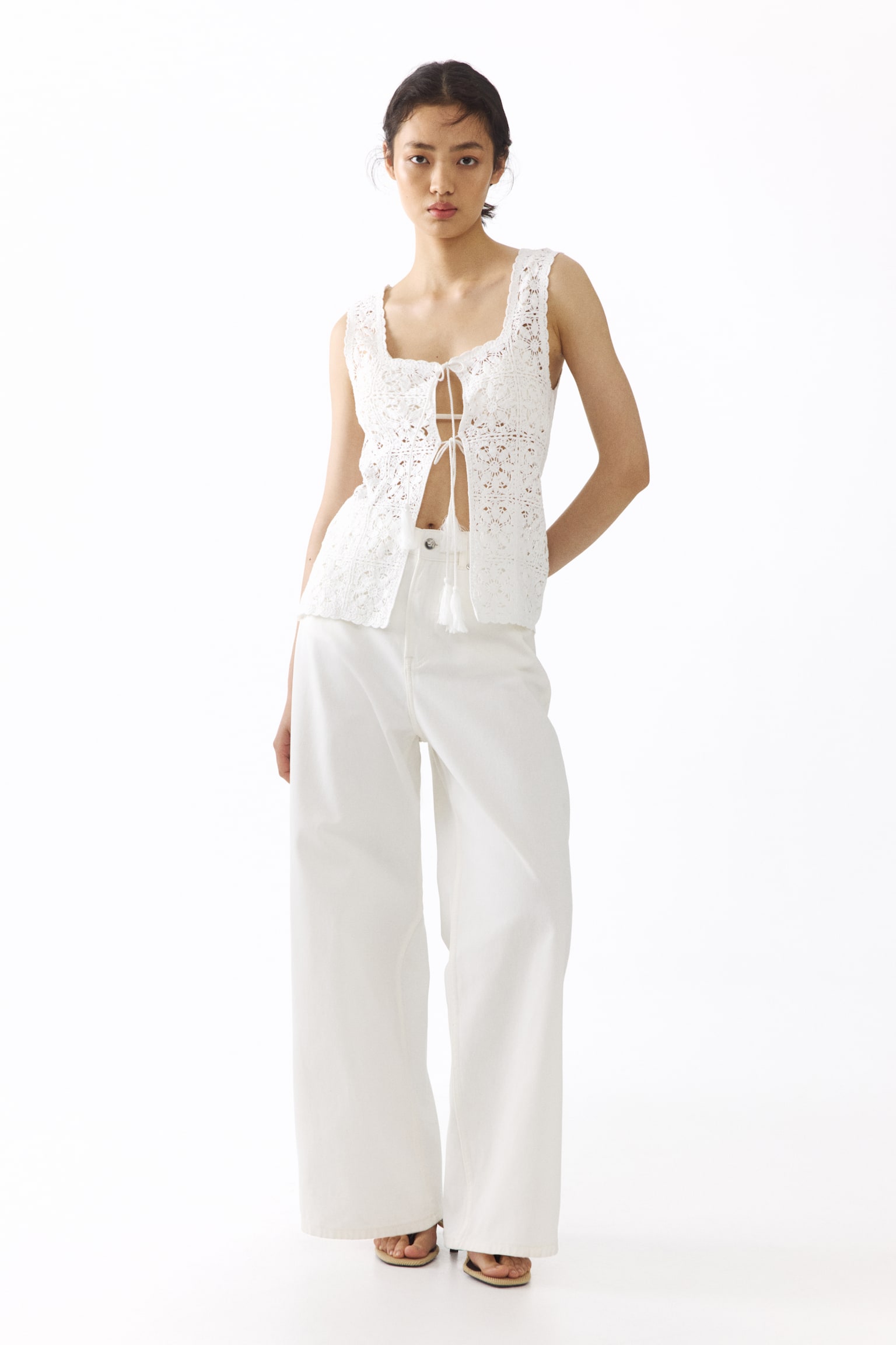 Tie-front pointelle-knit top - Cream - 1