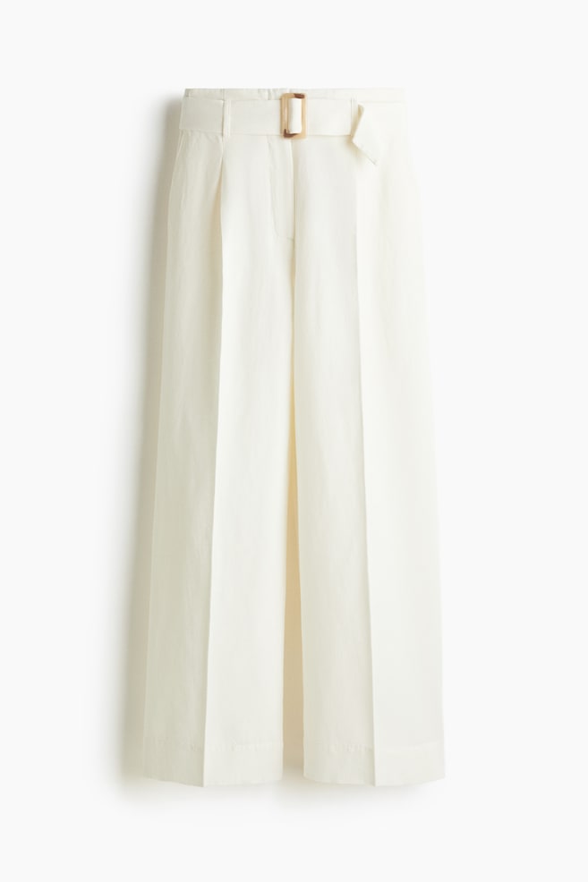 Pantalón en mezcla de lino con cinturón - Blanco/Blanco/Raya diplomática - 1