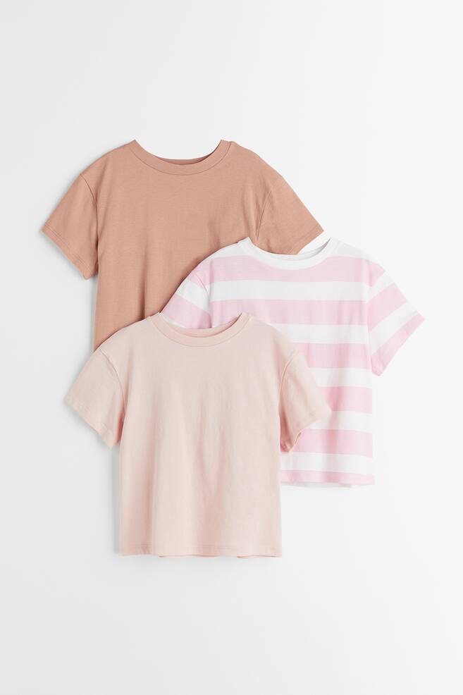 3-pack cotton T-shirts - Pink/White striped/Dark brown/Floral - 1