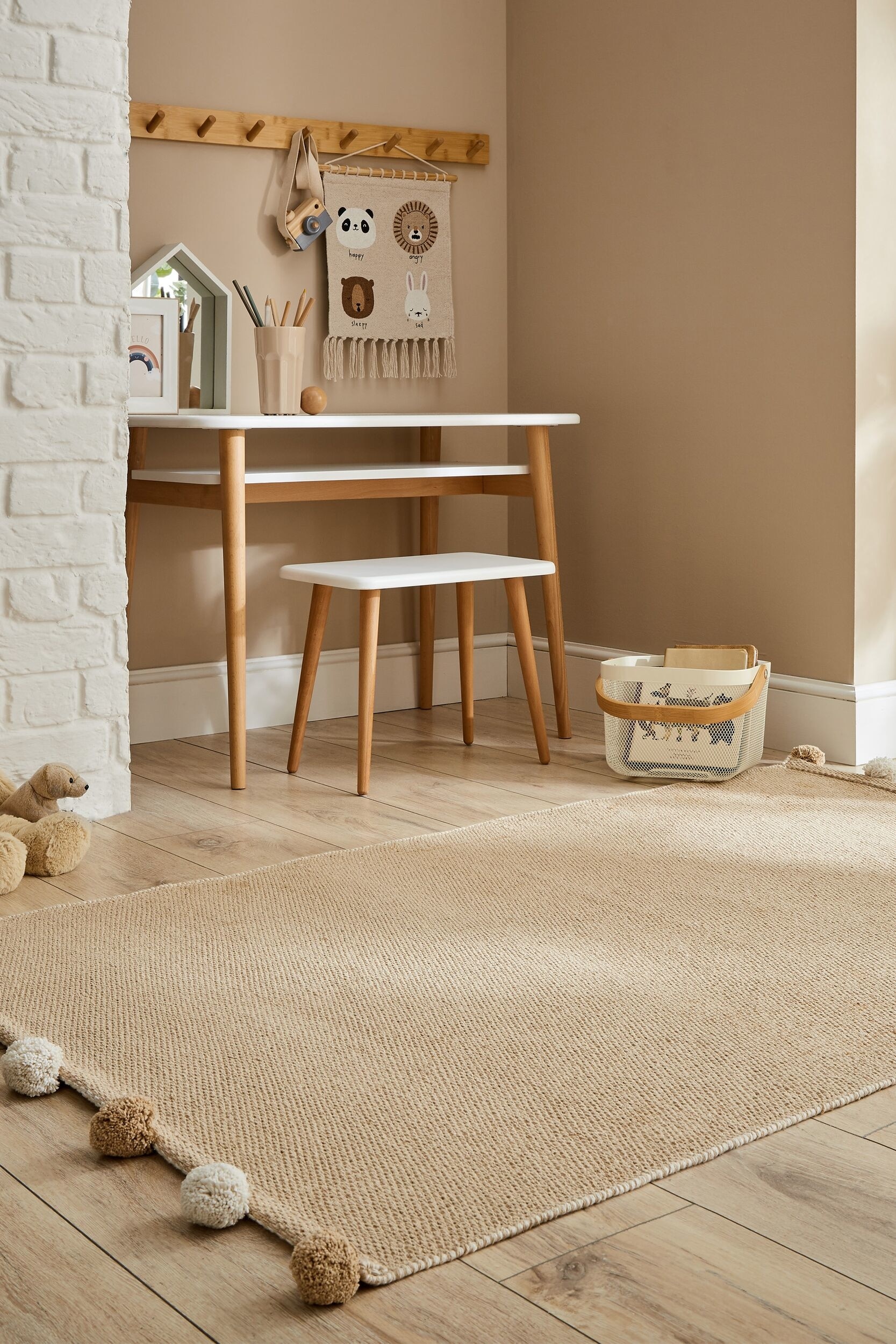 Tappeto Reversibile In Cotone Con Frange Pom - Naturale