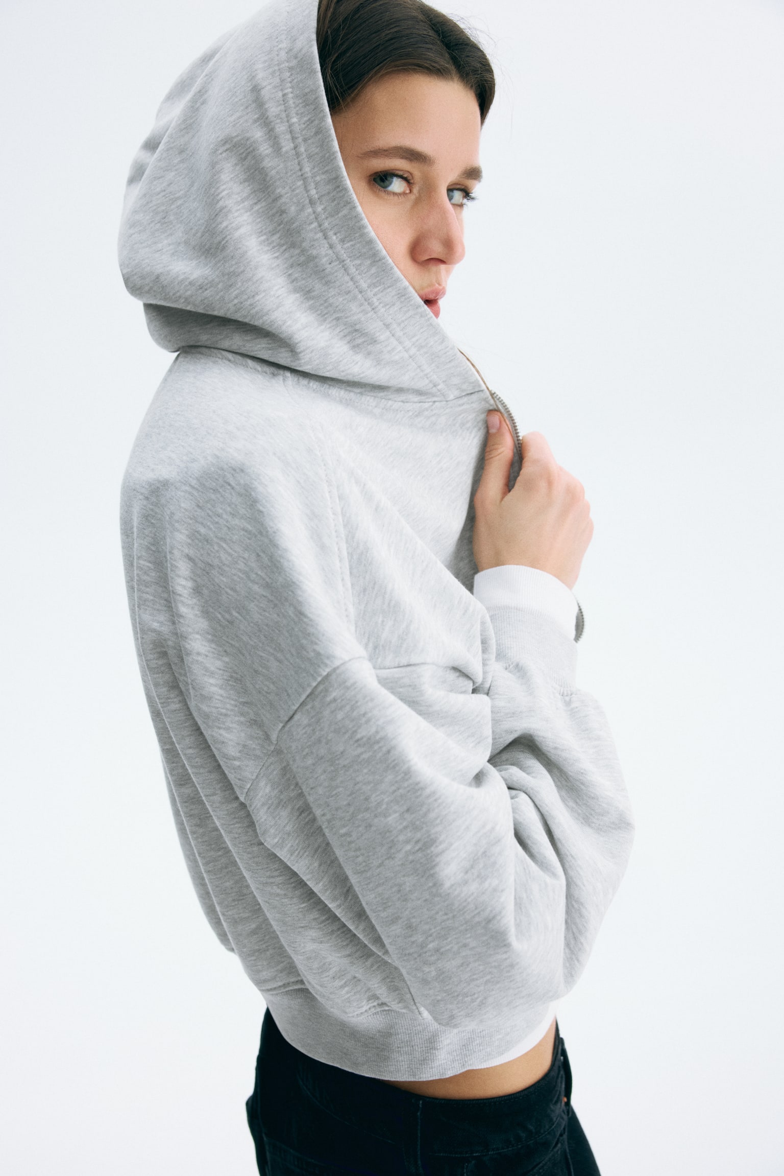 Short zip-through hoodie - Light grey marl/Dark dusty pink/Black/Dark brown - 5
