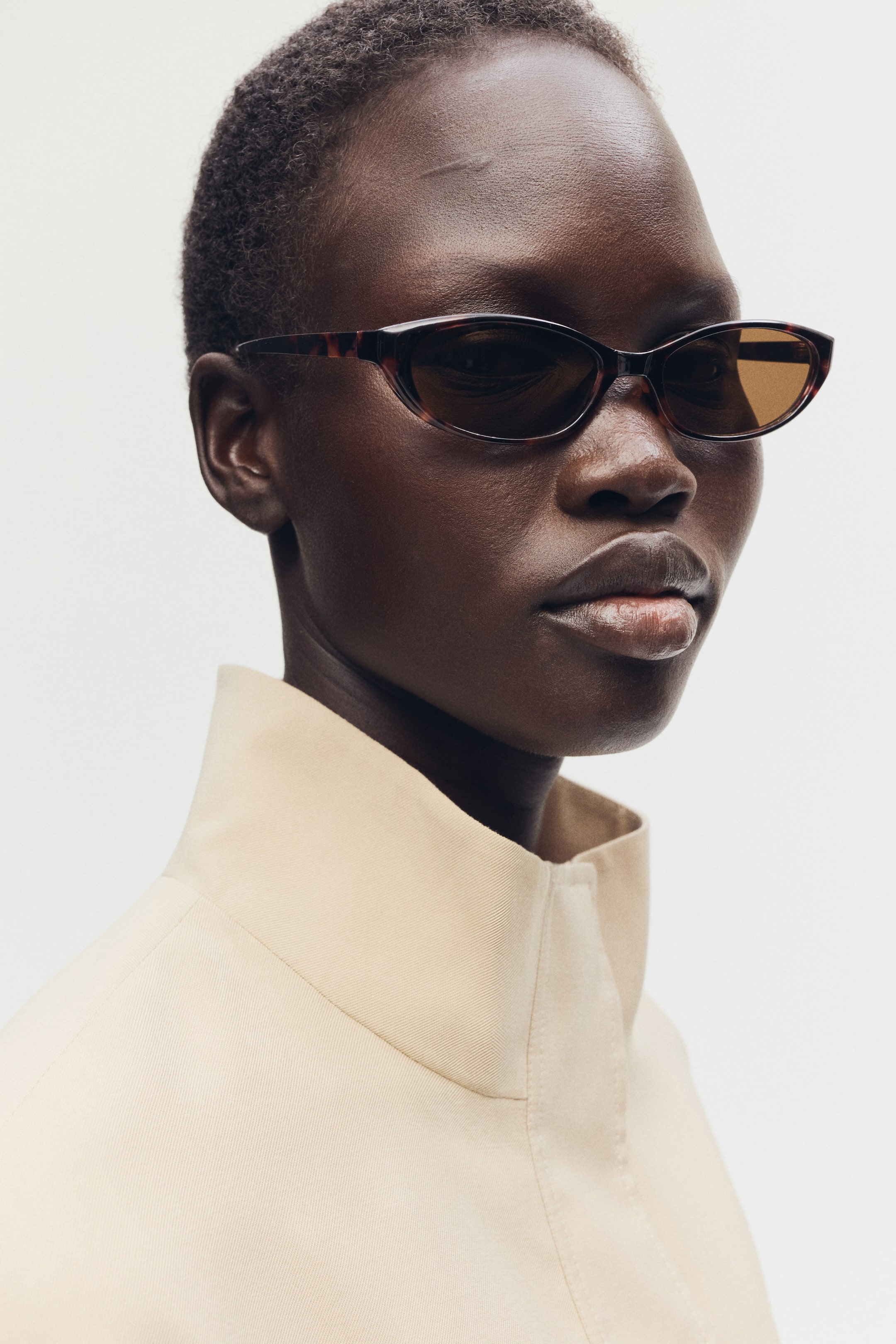 Ver imagen más grande: Las gafas de sol de ojo de gato estrechas presentan monturas de carey y lentes tintadas en marrón. Están colocadas en un rostro, ligeramente anguladas hacia la derecha, mostrando su ajuste.