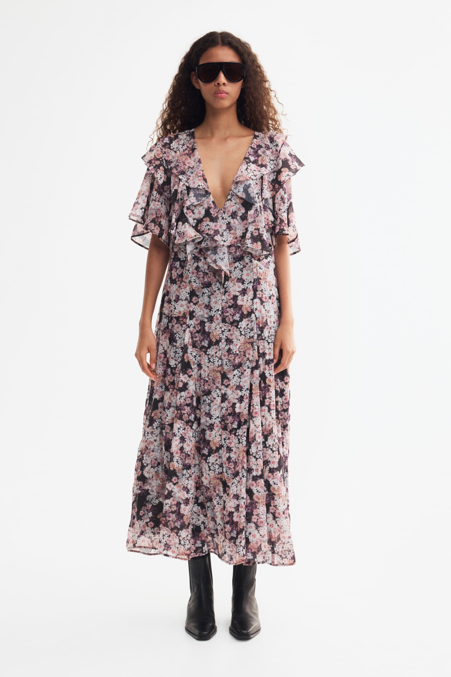 Flounced plissé dress - Black/Floral - 1