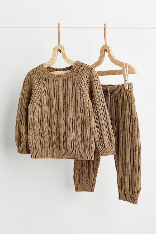 2-piece cotton rib-knit set - Light brown/Light grey