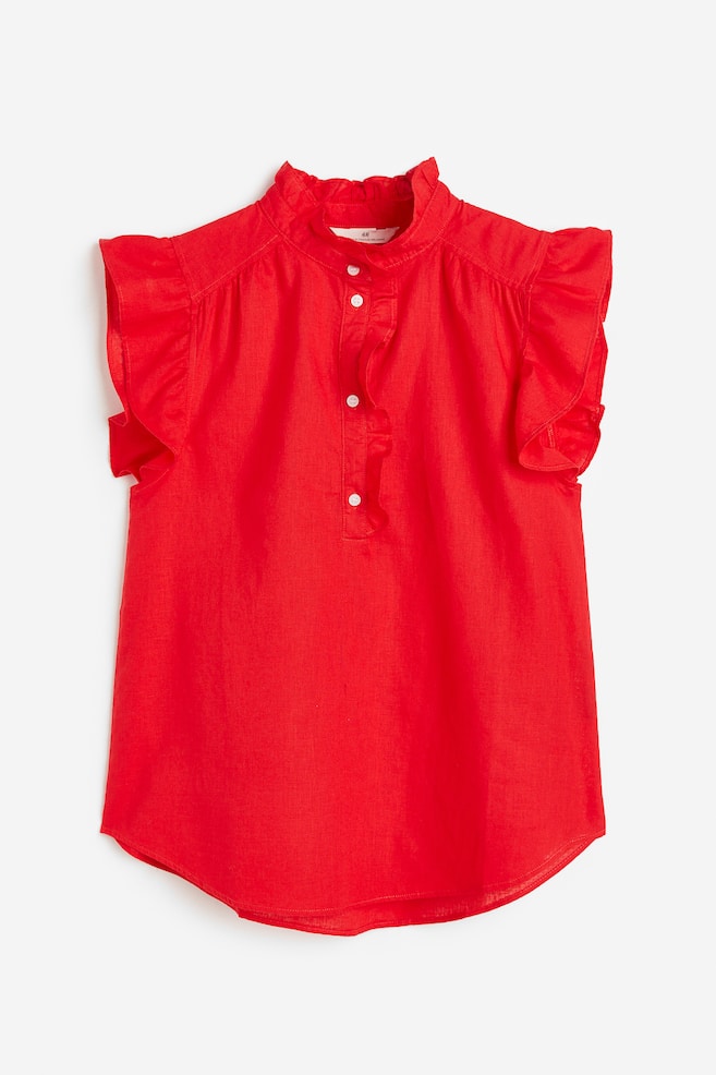 Frill-trimmed linen-blend blouse - Red/White/Light yellow/Blue/Striped - 2