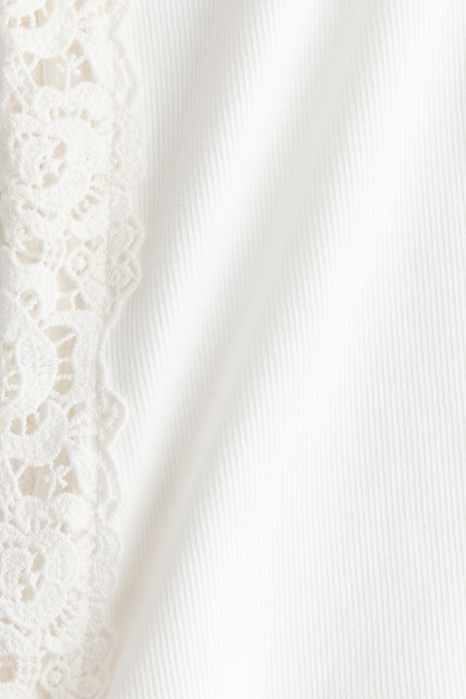 Ribbed Lace-Inset Tank Top-White - 2