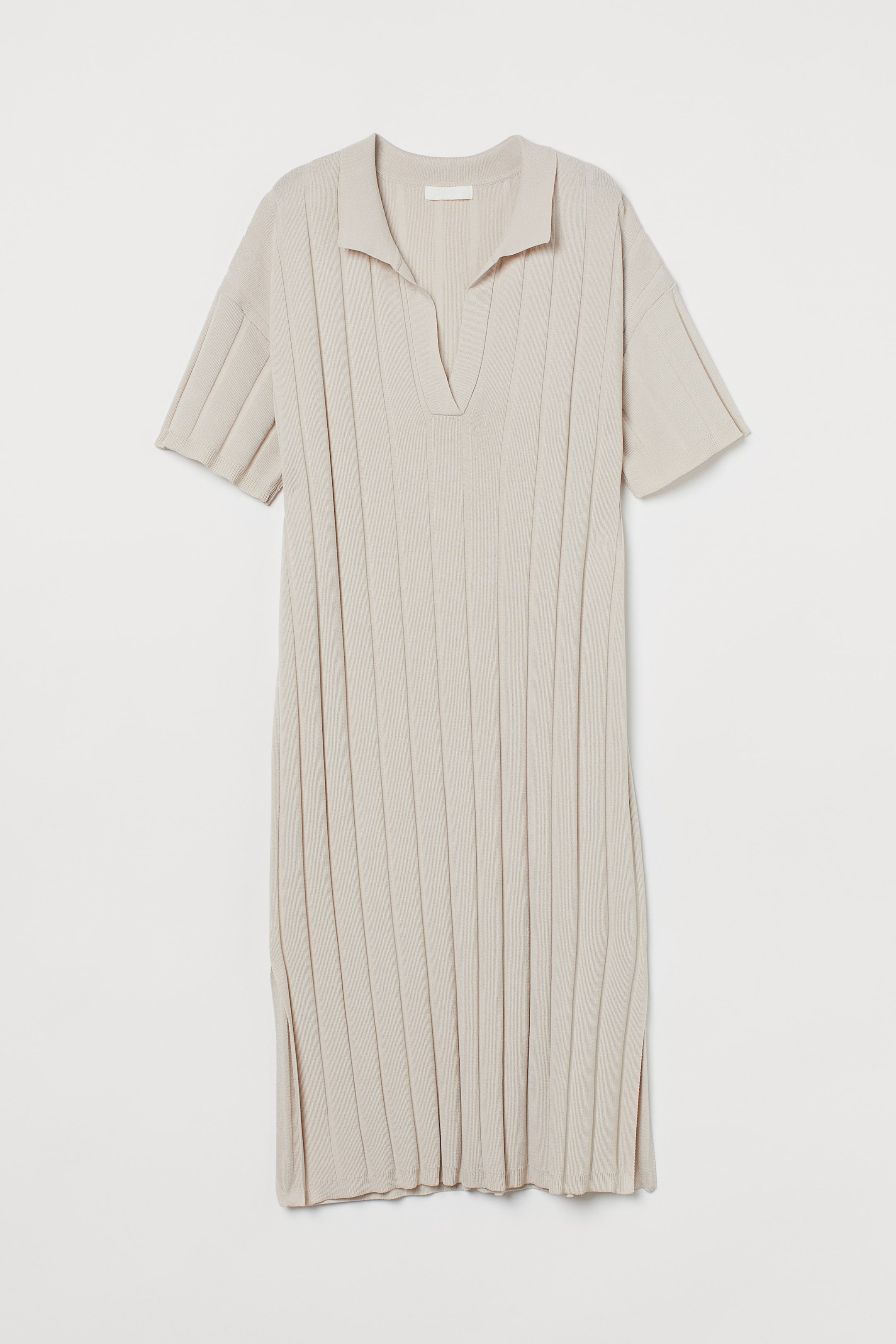Rib-knit dress - V-neck - Short sleeve - Light beige - Ladies | H&M GB
