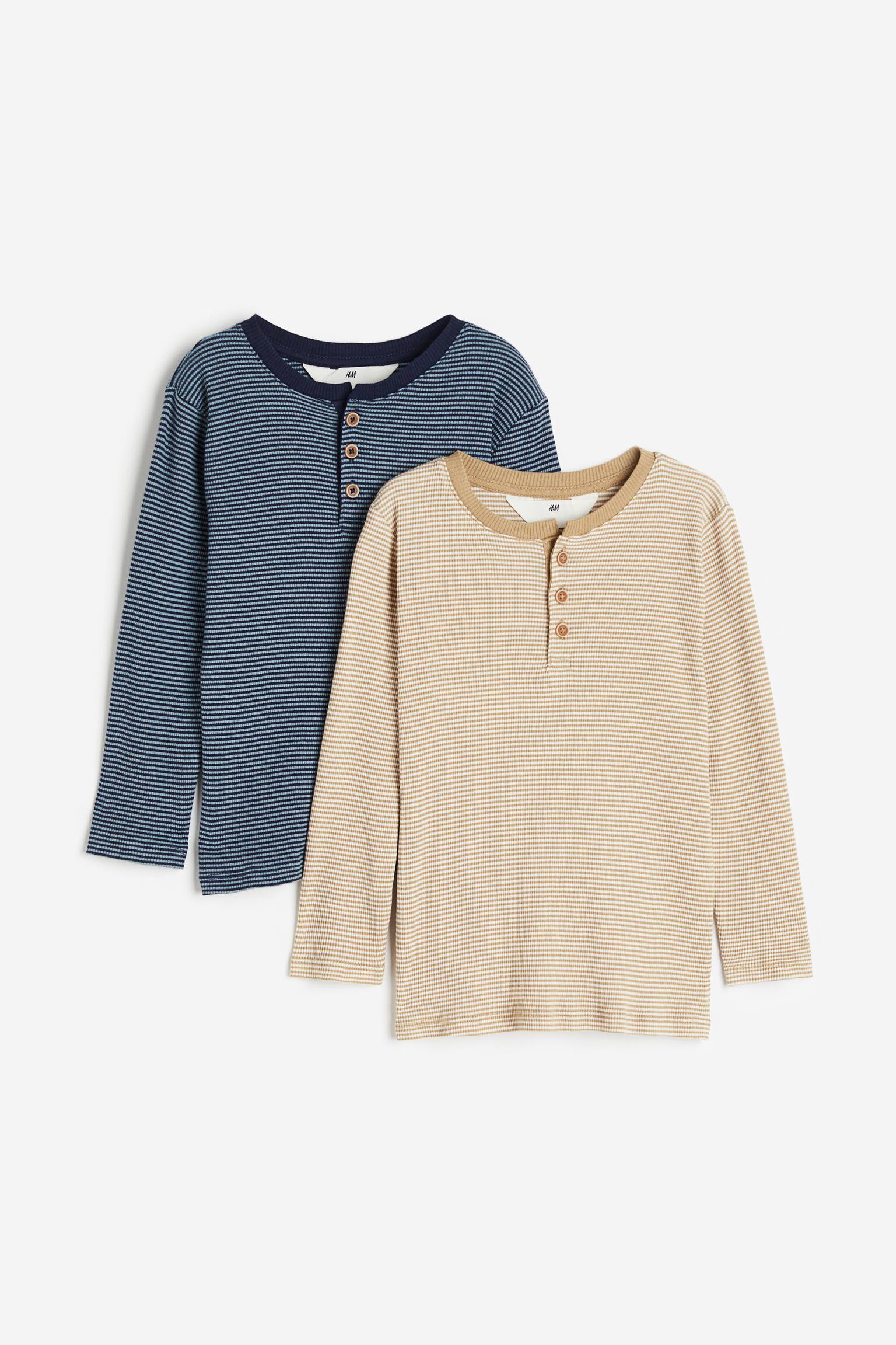 2-pack Rib Henley Tops - Beige/Stripe - 1