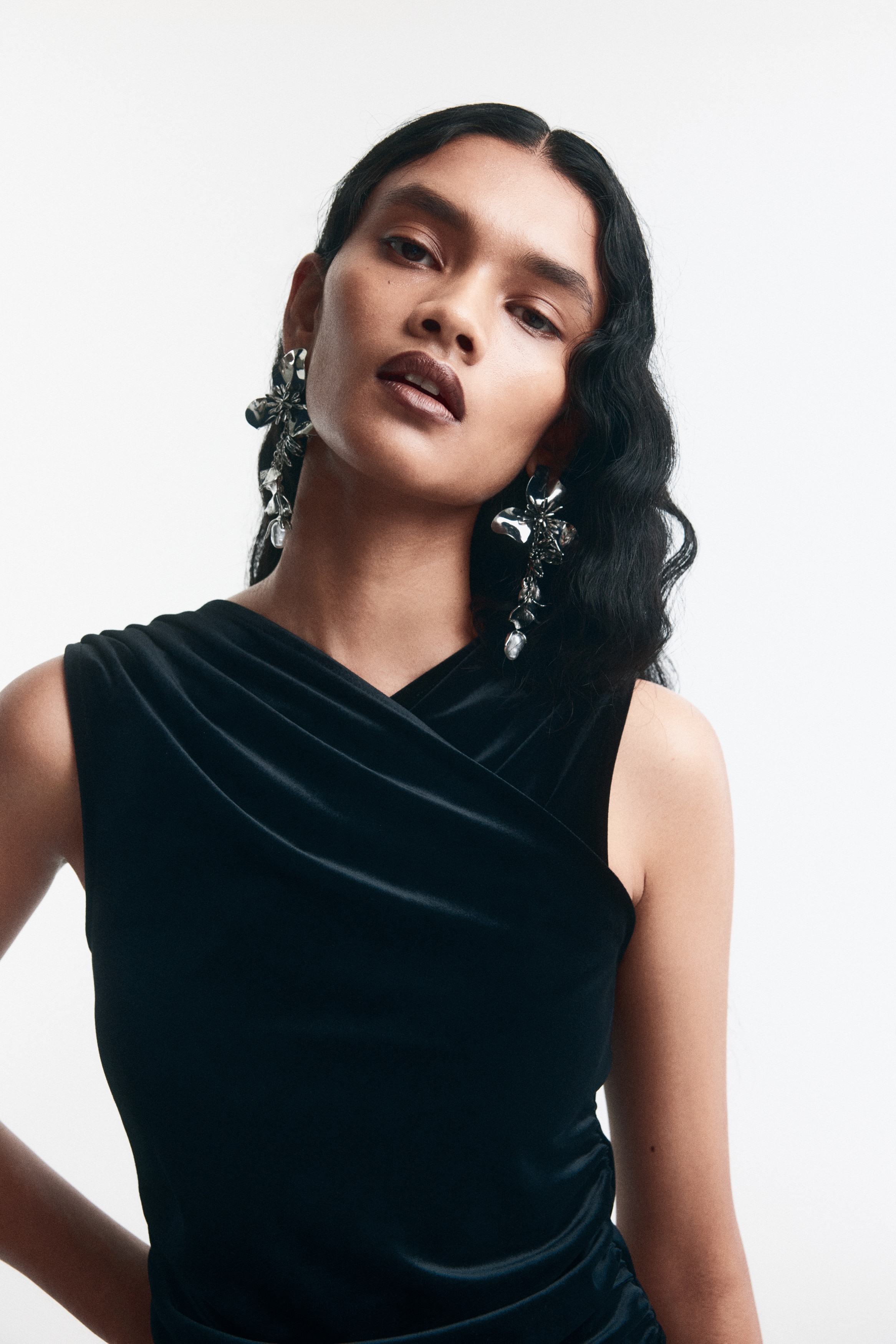 Moda Damska - Drapowany welurowy top bez rękawów Czarny - Size: S  - H&M