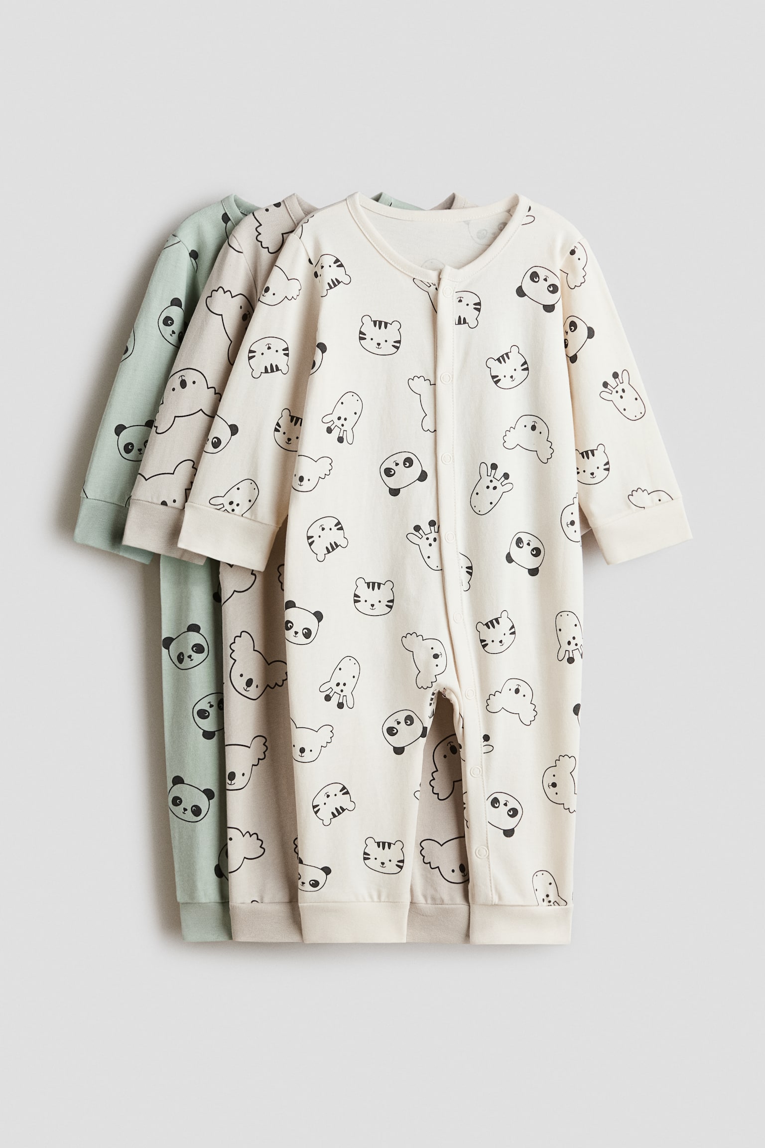 3-pak natdragt i bomuld - Beige/Dyr/Lysegrøn/Køretøjer/Lyslilla/Blomstret/Lys rosa/Æbler