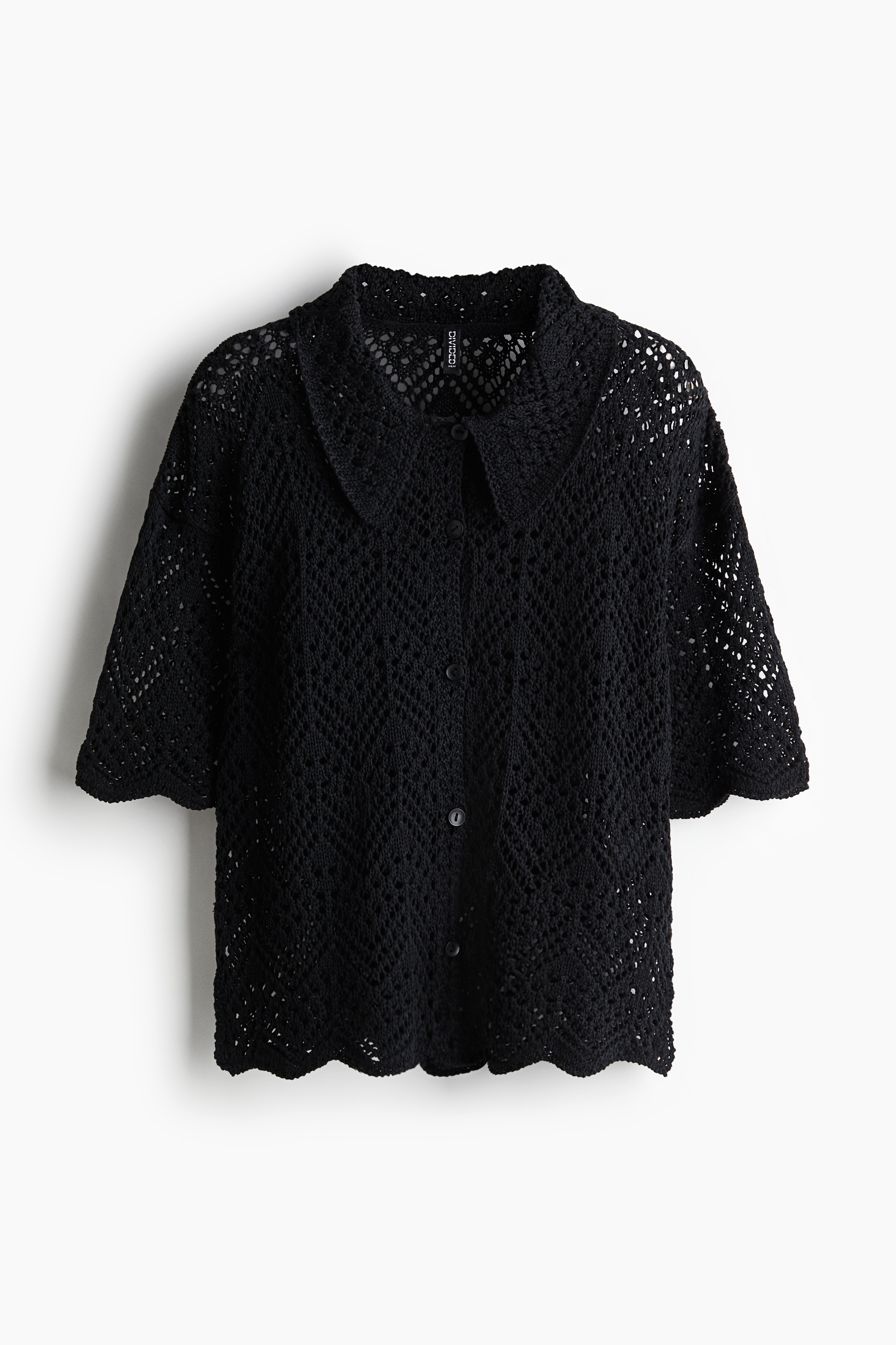 短袖網紗花式鉤織襯衫 - 黑色