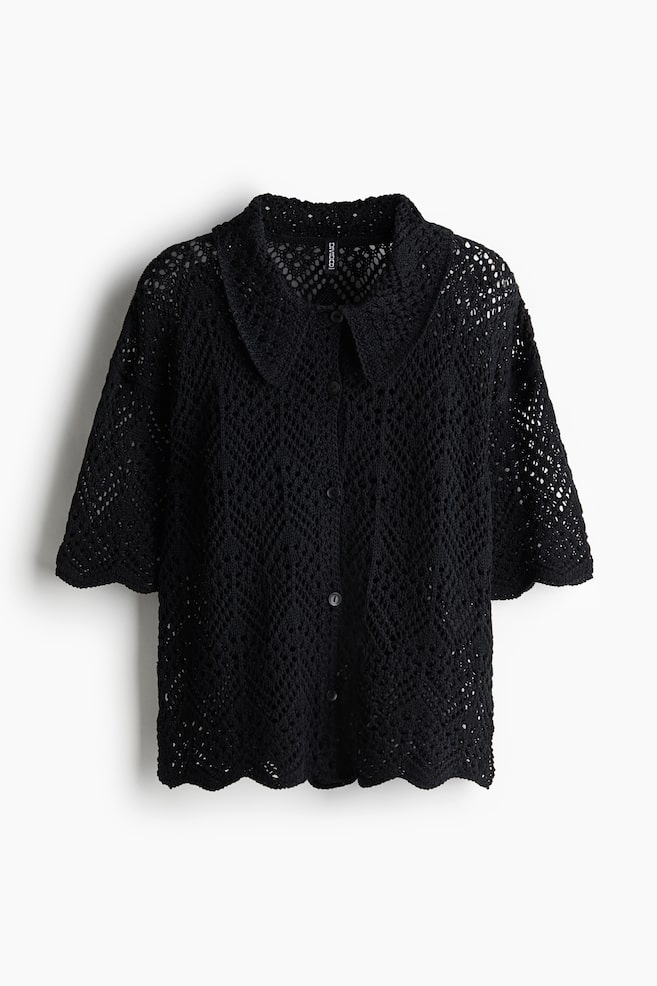 Camisa de manga corta en punto pointelle - Negro/Crema - 1