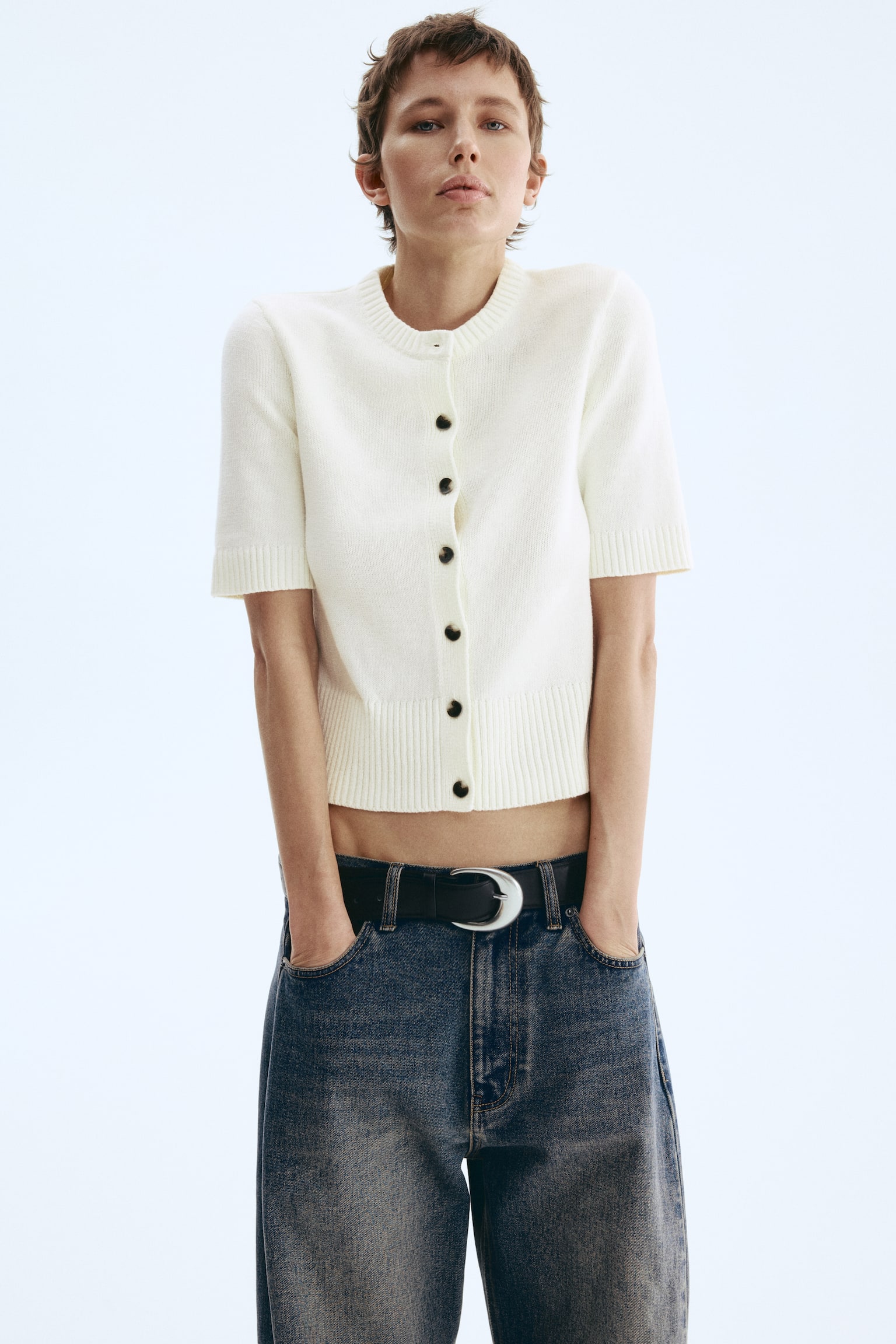 Short-sleeved cardigan - White/Dark brown/Light yellow - 5