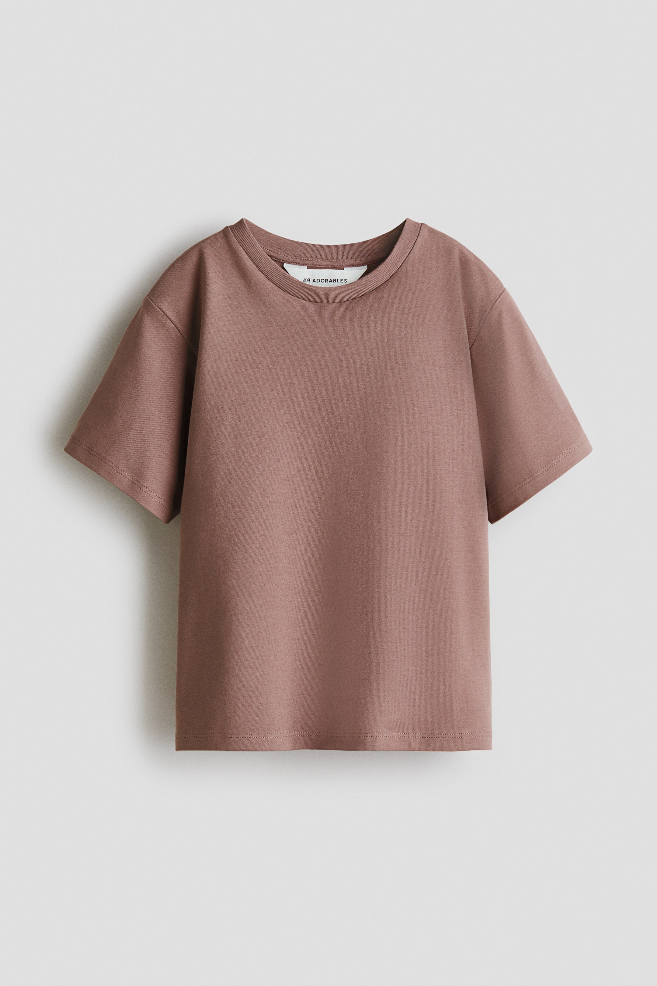 View larger image: The H&M Adorables loose-fit T-shirt is showcased from the front in a subtle rose-brown shade. It features a round, ribbed neckline, dropped shoulders, and short sleeves.