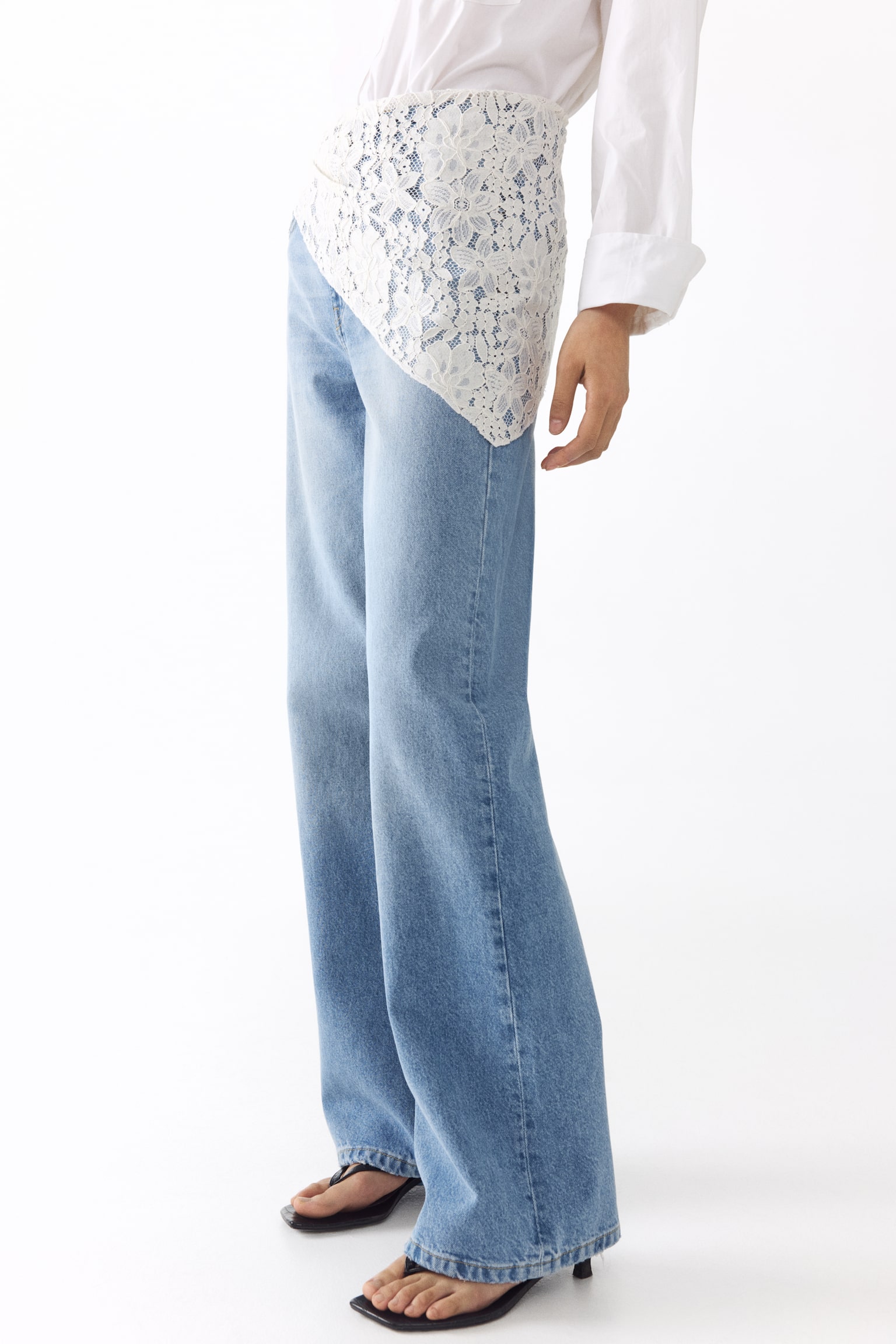 Straight High Waist Jeans avec foulard - Bleu denim clair/blanc/Bleu denim/orange - 8