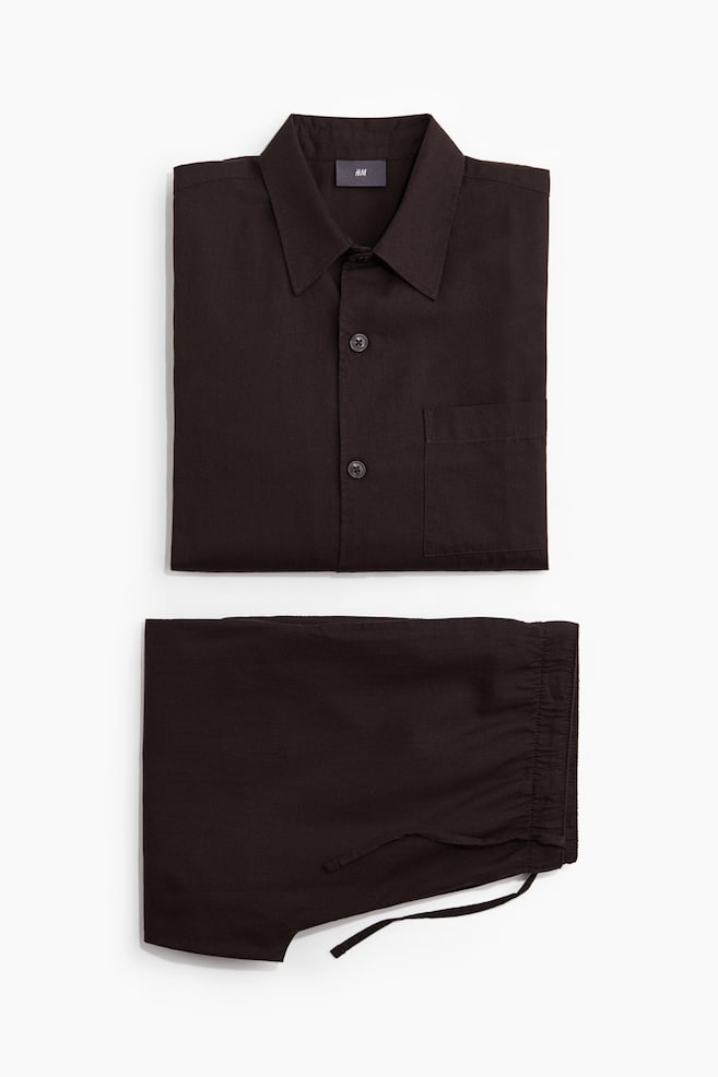 Lyocell-blend pyjama shirt and bottoms - Dark brown/Beige/Checked - 1
