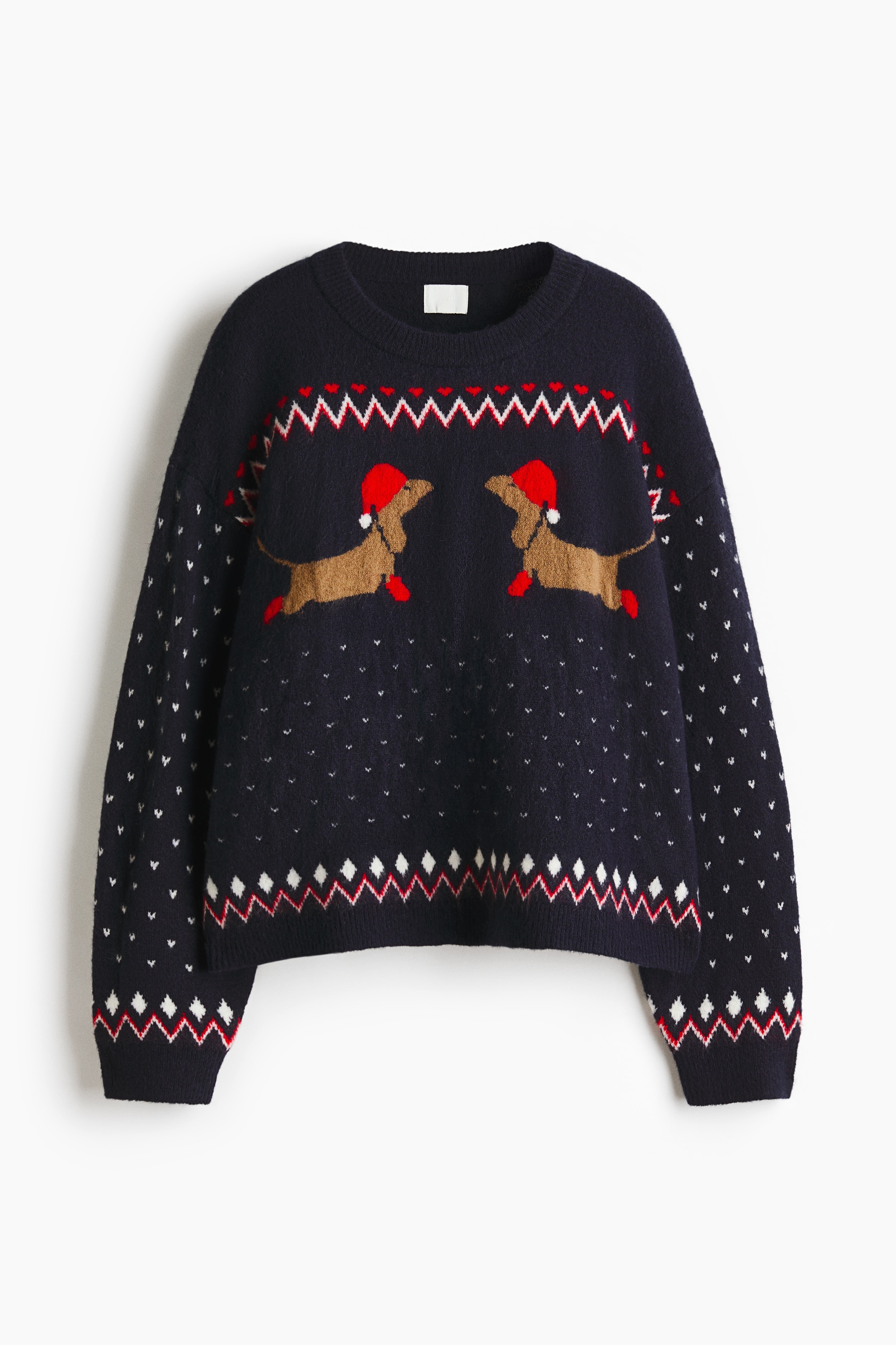 Oversized Pullover in Jacquardstrick - Dunkelblau/Dackel/Rot/Gemustert/Dunkelgraumeliert/Hund