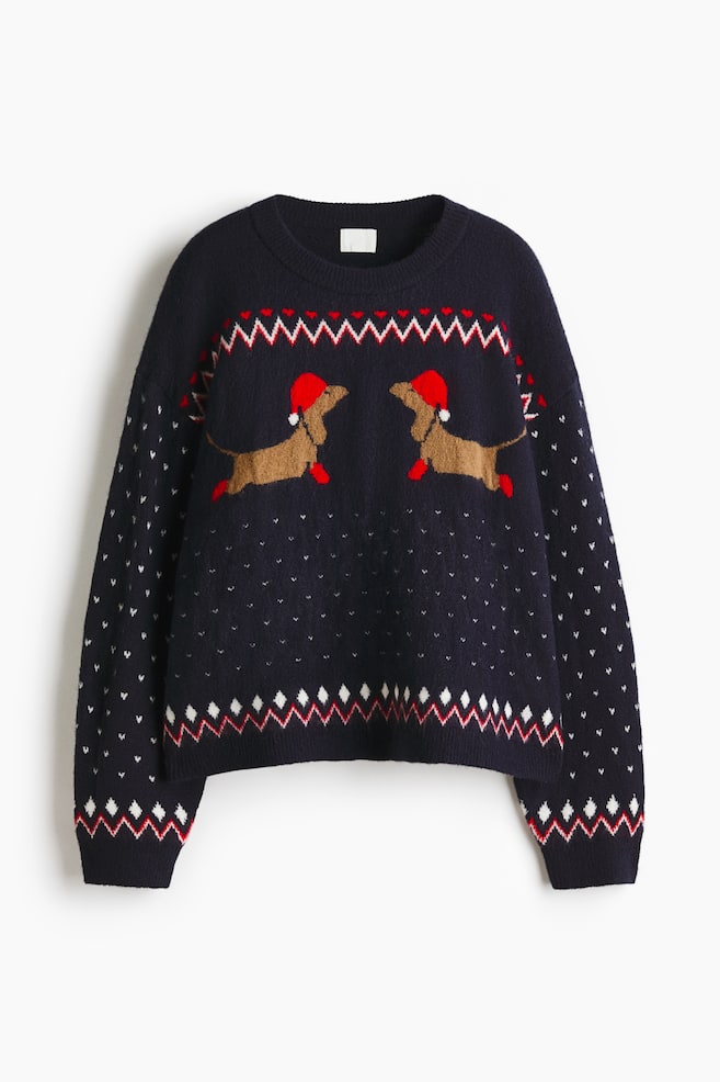 Oversized jacquard-knit jumper - Dark blue/Dachshunds/Red/Patterned - 1