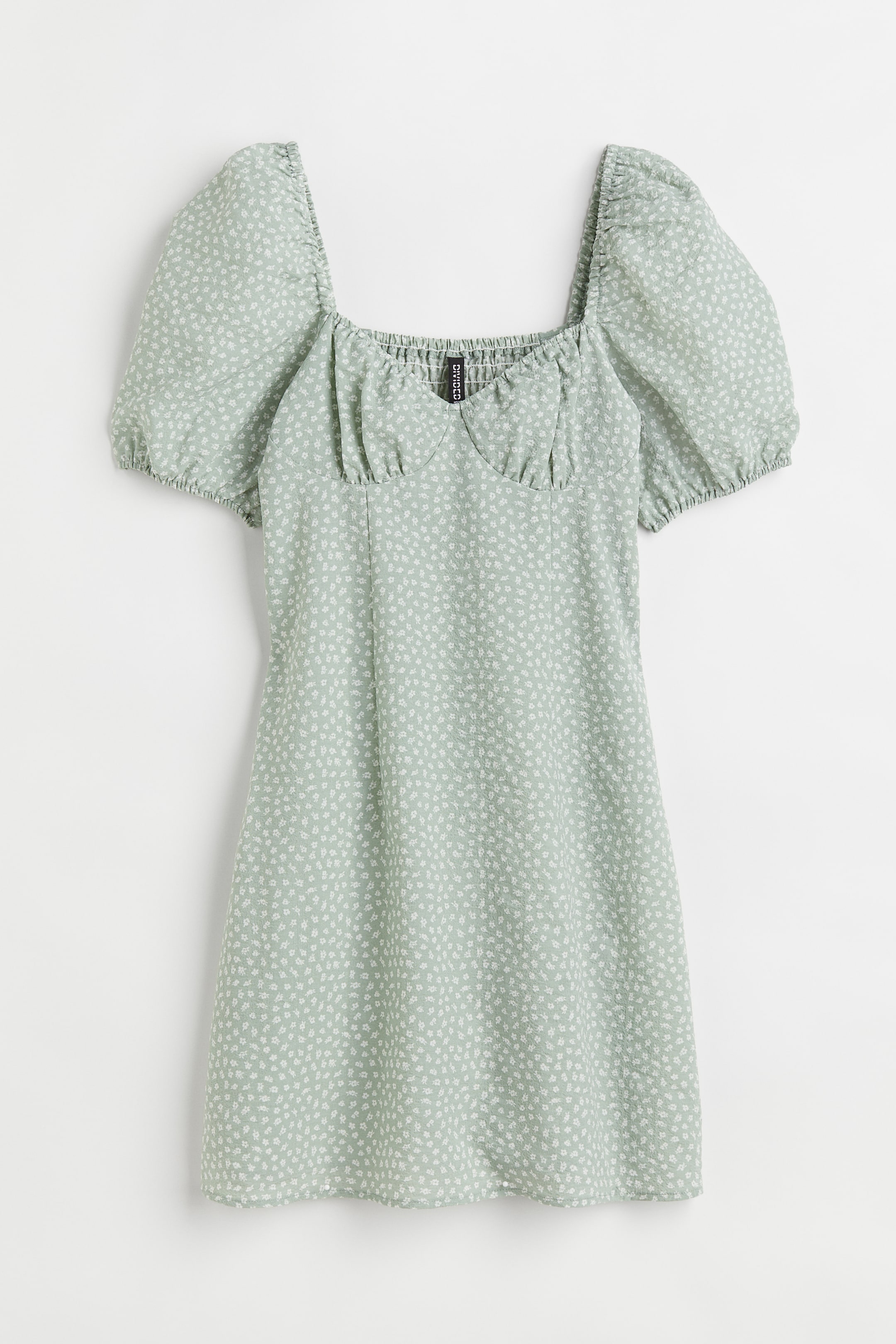 View larger image: Puff-sleeved crêpe dress - Light green/Small flowers | H&M 1