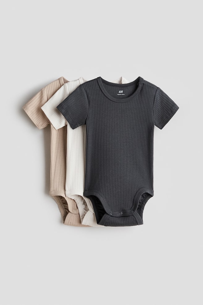 Pack de 3 bodies de algodón acanalado - Gris/Beige/Verde empolvado/Gris claro/Rosa claro/Violeta claro - 1