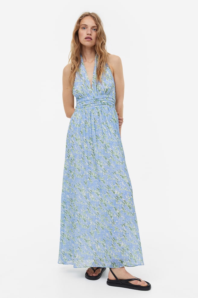 Long halterneck dress - White/Blue floral - 1