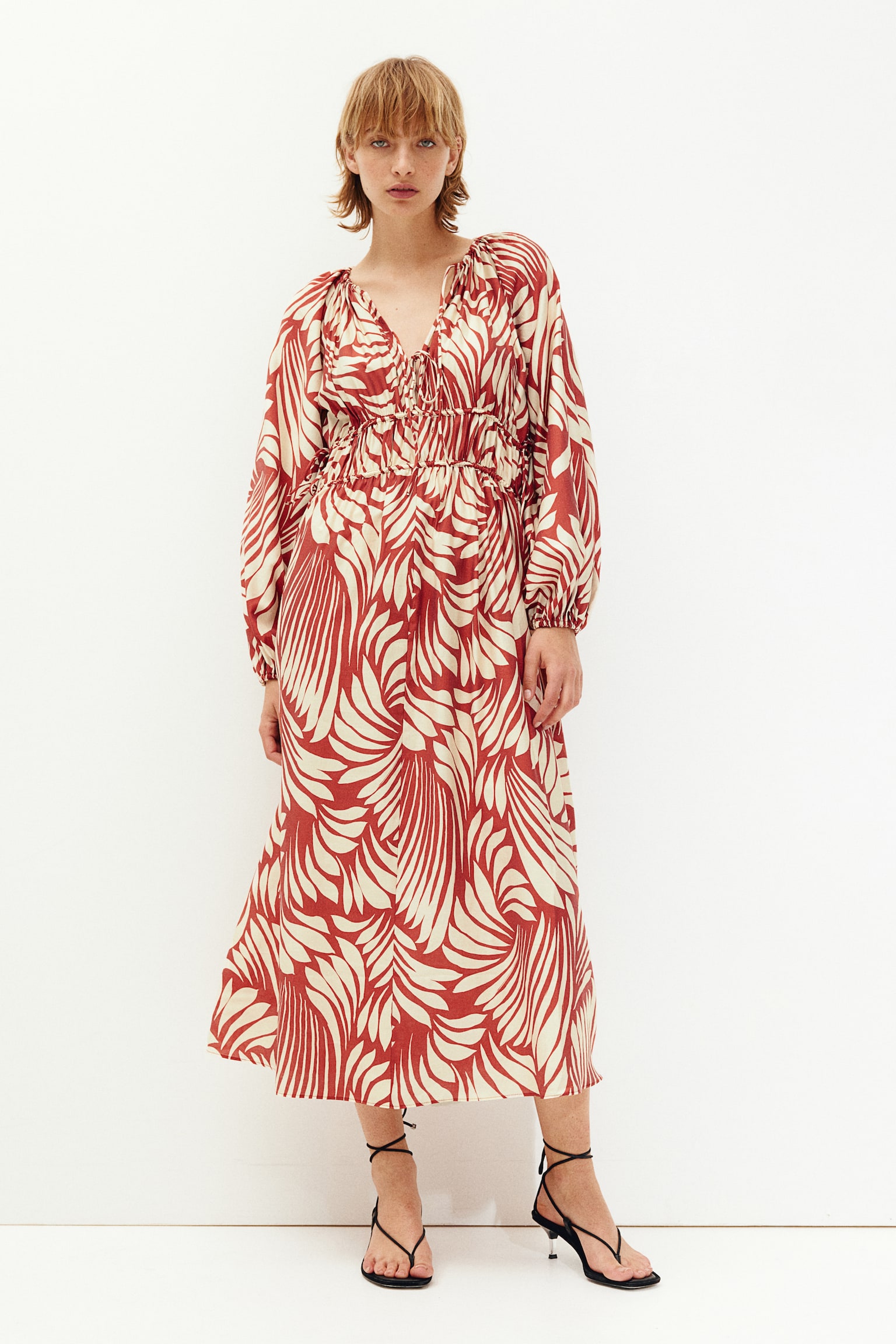 Oversized drawstring-detail dress - Red/Patterned - 1