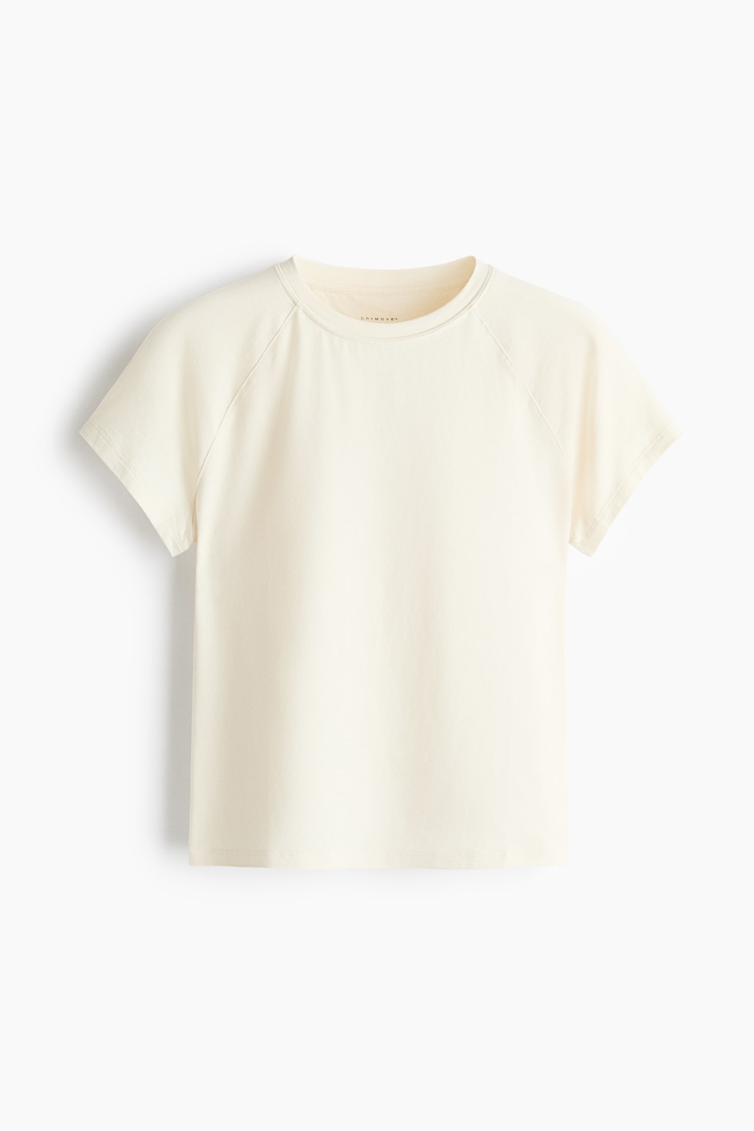 En benvit t-shirt hÃ¤nger plant i en framifrÃ¥nvy och har korta raglanÃ¤rmar, en ribbad rund halsringning och en rak nederkant.