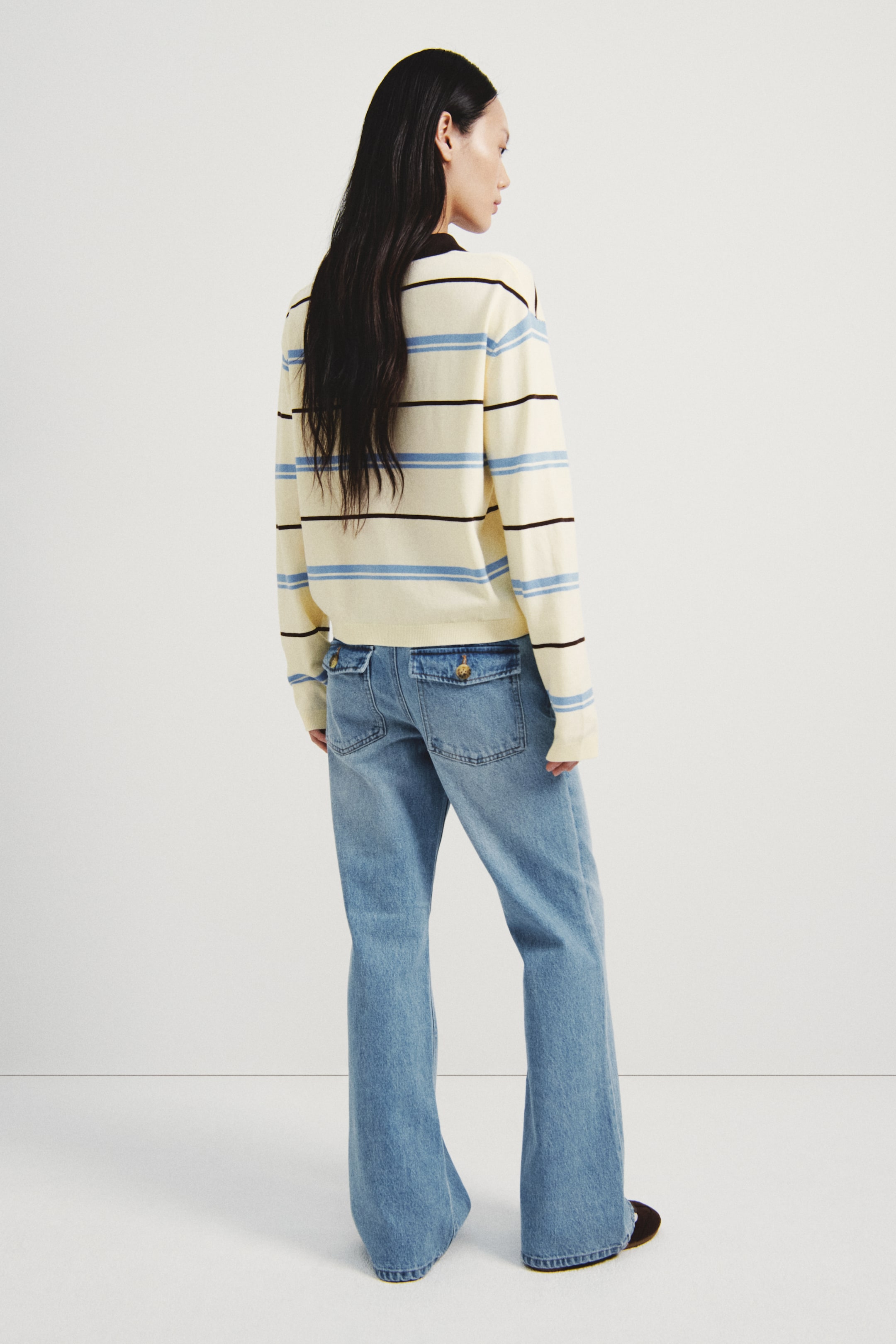 이미지 확대 보기: 파인니트 폴로셔츠 - 라이트 옐로/스트라이프 - 여성 | H&M KR 3